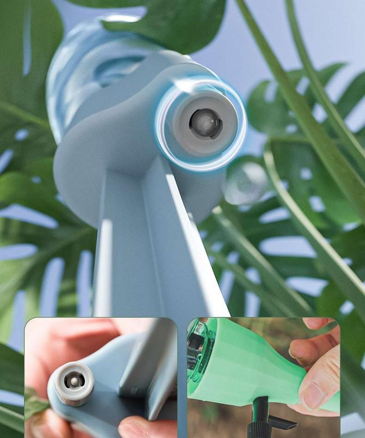 Nahaufnahme eines Wasserspenders mit blauem Licht um die Düse. Grüne Blätter und ein zweites Bild eines grünen Spenders.