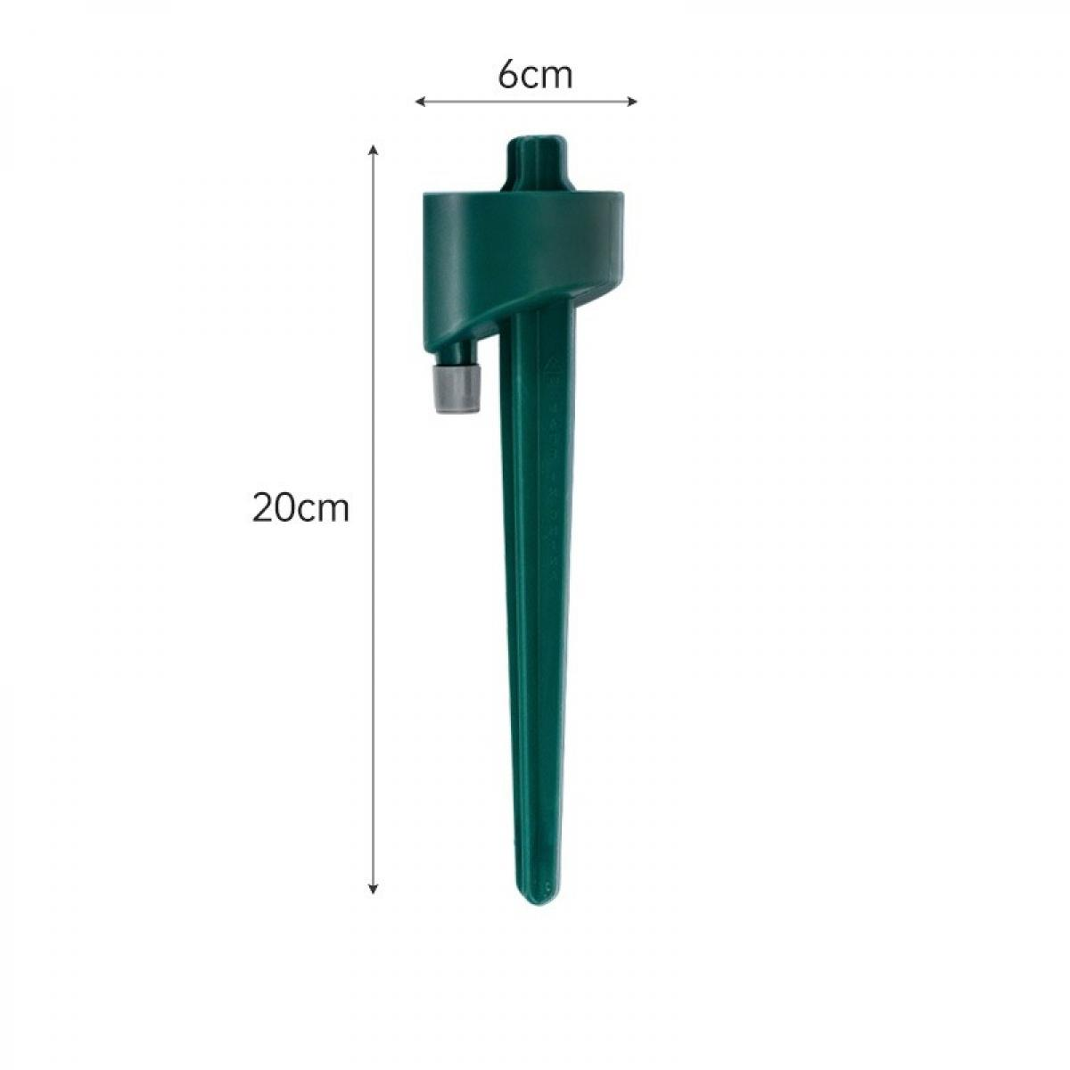 Grünes Pflanzenbewässerungsgerät, 20 cm lang, 6 cm breit. Es hat einen Dorn zum Einsetzen und einen Oberteil für Wasser.