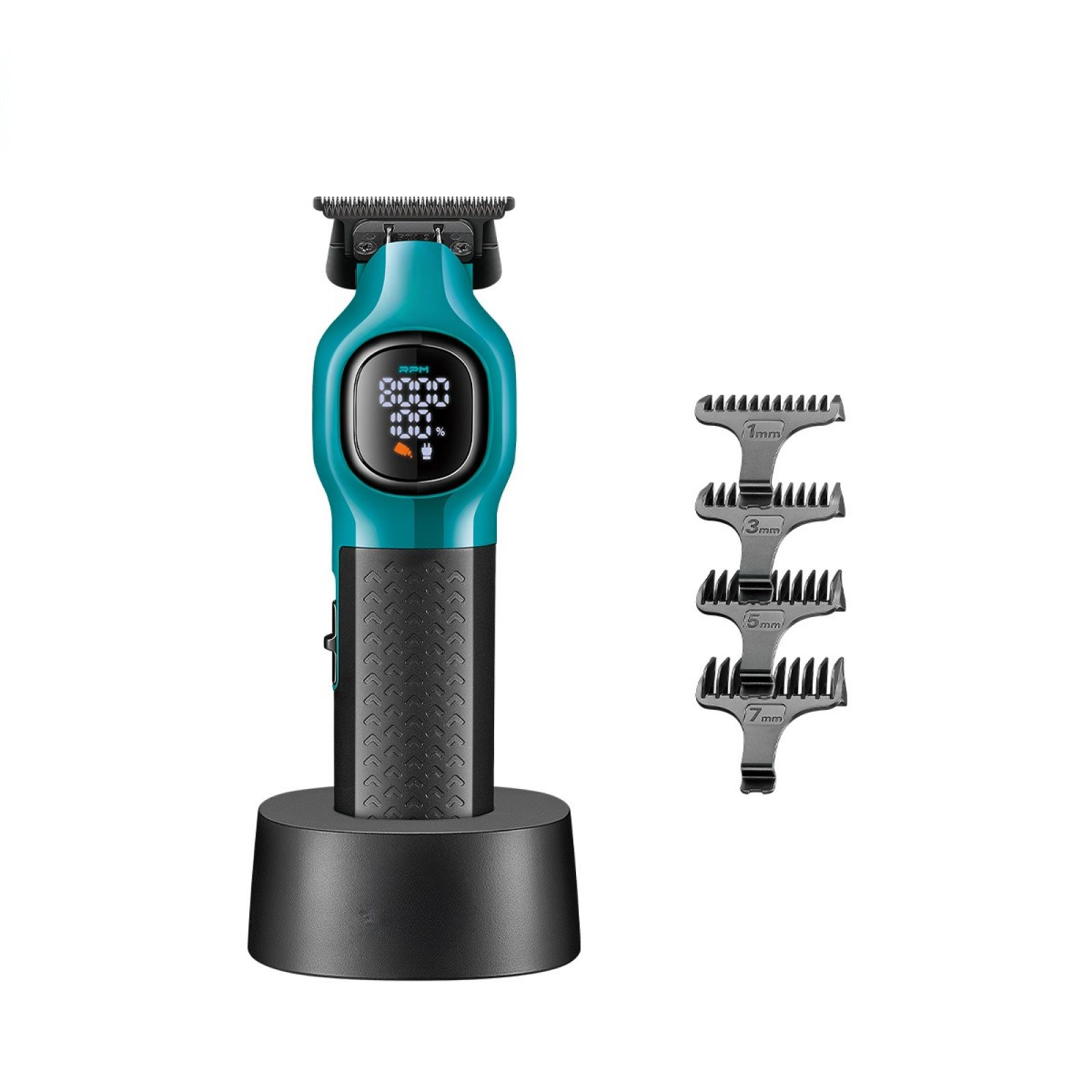 Ein elektrischer Haarschneider mit mehreren Führungskämmen. Der Trimmer ist teal und schwarz, die Kämme grau.