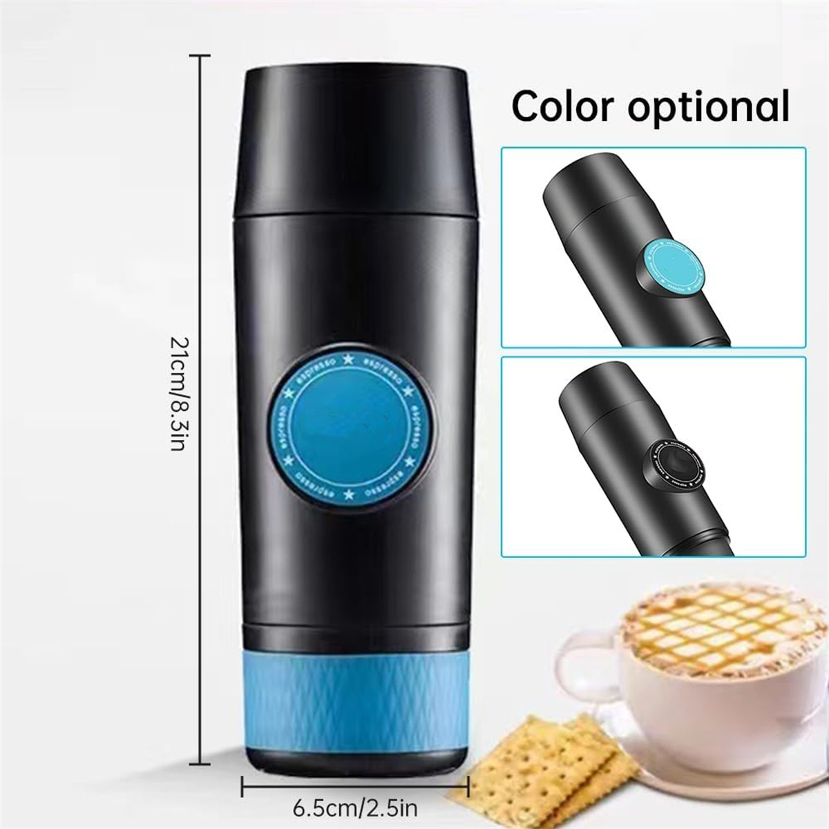Schwarzer und blauer tragbarer Espressomacher mit optionalen Farbakzenten. Enthält eine Tasse Kaffee, Cracker und Größenangaben.