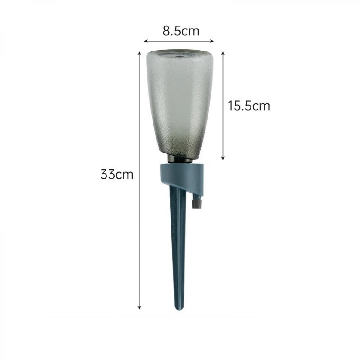 Eine graue Außenleuchte mit einem Pfahl. Die Maße sind angegeben: 8,5 cm breit, 15,5 cm hoch und die Gesamtlänge beträgt 33 cm.