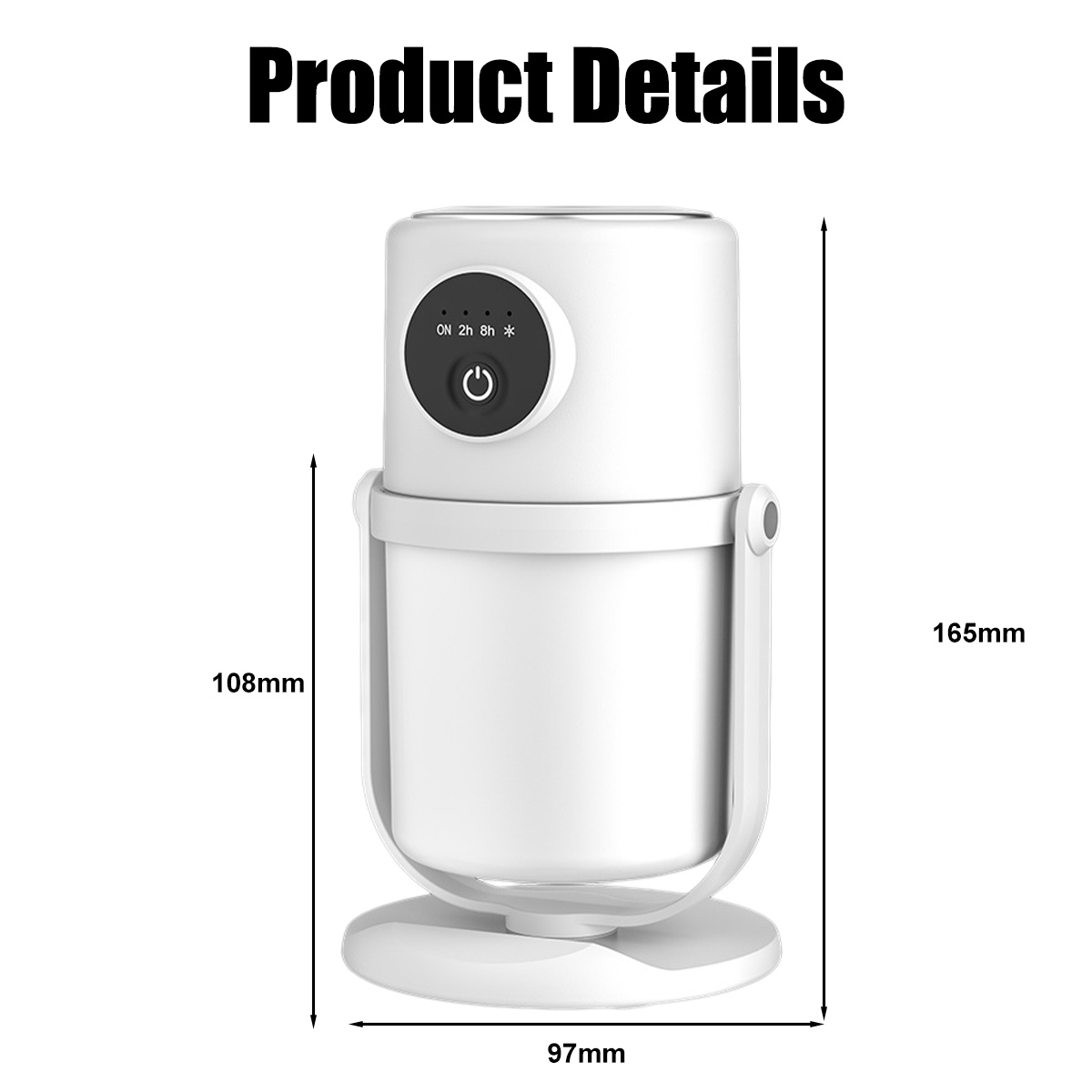Ein weißes Gerät mit Bedienfeld und Power-Taste. Abmessungen: 165 mm hoch, 108 mm hoch und 97 mm breit. Produktdetails.