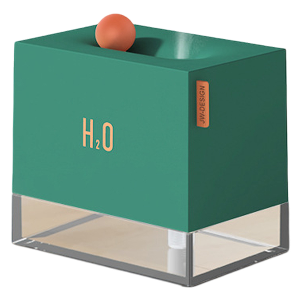 Ein grüner Luftbefeuchter mit einer orangefarbenen Kugel oben. Der Text 'H2O' ist sichtbar. Unten befindet sich ein durchsichtiger Behälter.