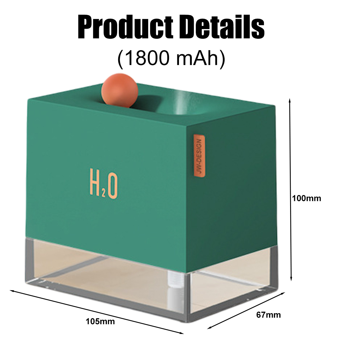 Eine teal Produktbox mit einer orangefarbenen Kugel. Die Abmessungen sind 105x67x100mm. Der Text 'H2O' und 'JW-DESIGN' sind sichtbar.