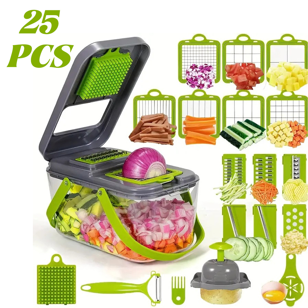 Ein 25-teiliges Gemüseschneiderset. Es enthält einen Behälter, verschiedene Klingen, einen Schäler und gehacktes Gemüse wie Zwiebeln und Karotten.