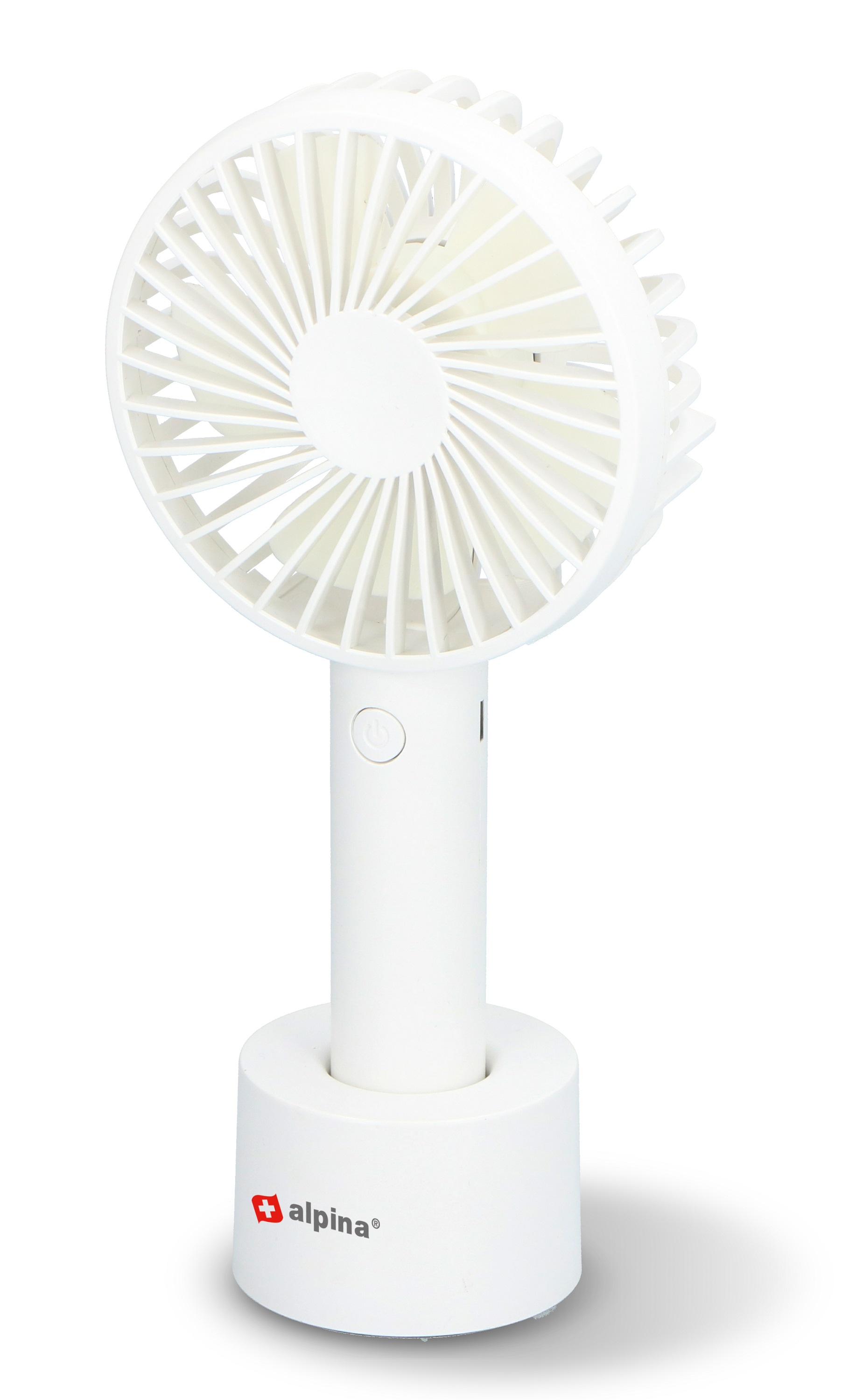 Un ventilatore portatile bianco con testa e manico rotondi. Il ventilatore ha il logo 'alpina' in basso.