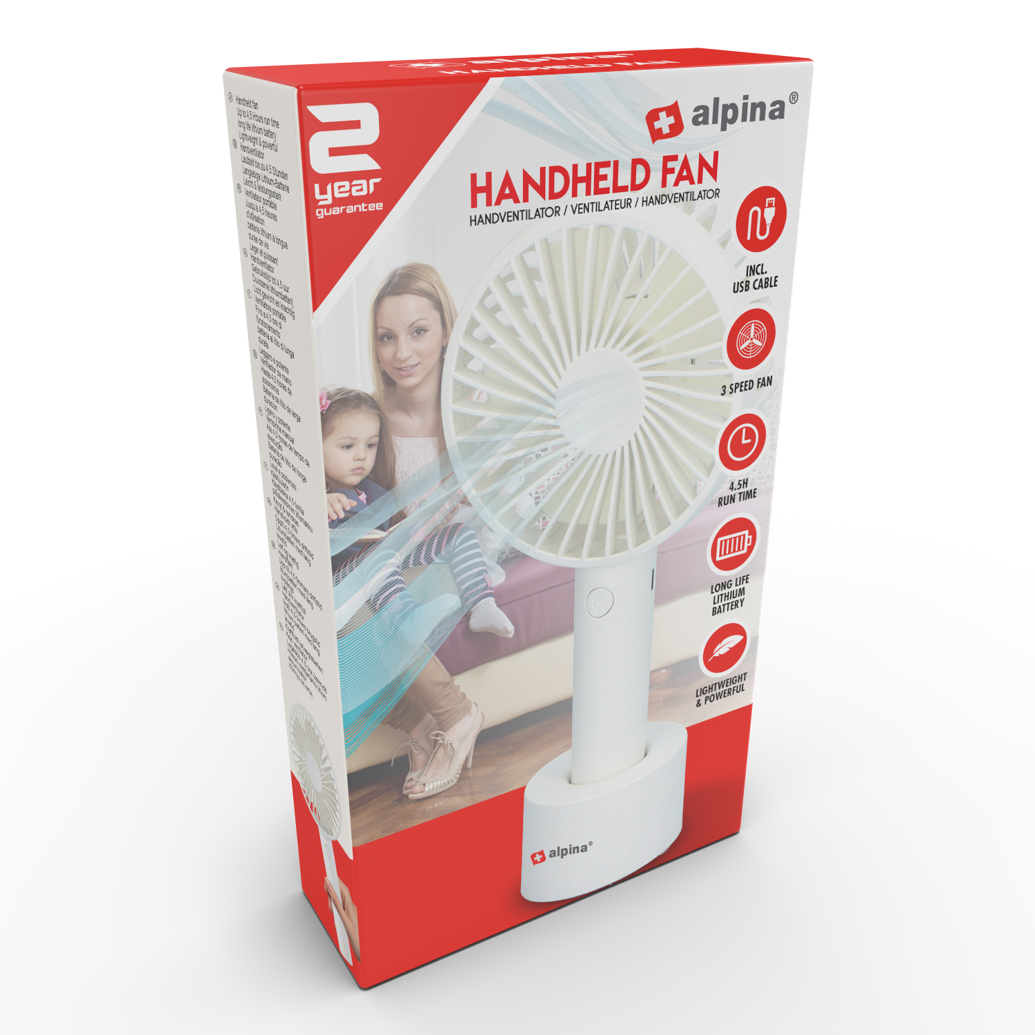 Una scatola che mostra un ventilatore portatile. Una donna e un bambino sono sullo sfondo. Il testo include 'Handheld Fan' e 'alpina'.