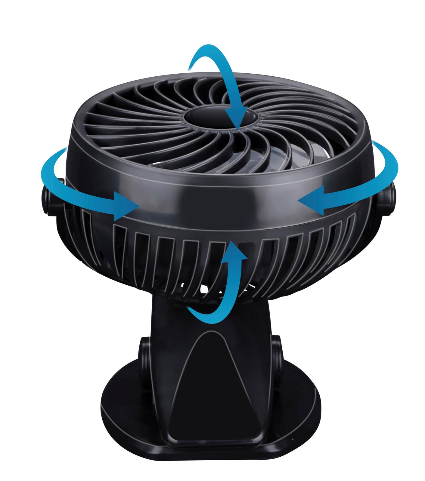 Ventilateur oscillant noir avec des flèches bleues indiquant le flux d'air. Le ventilateur a un design circulaire et une base robuste.