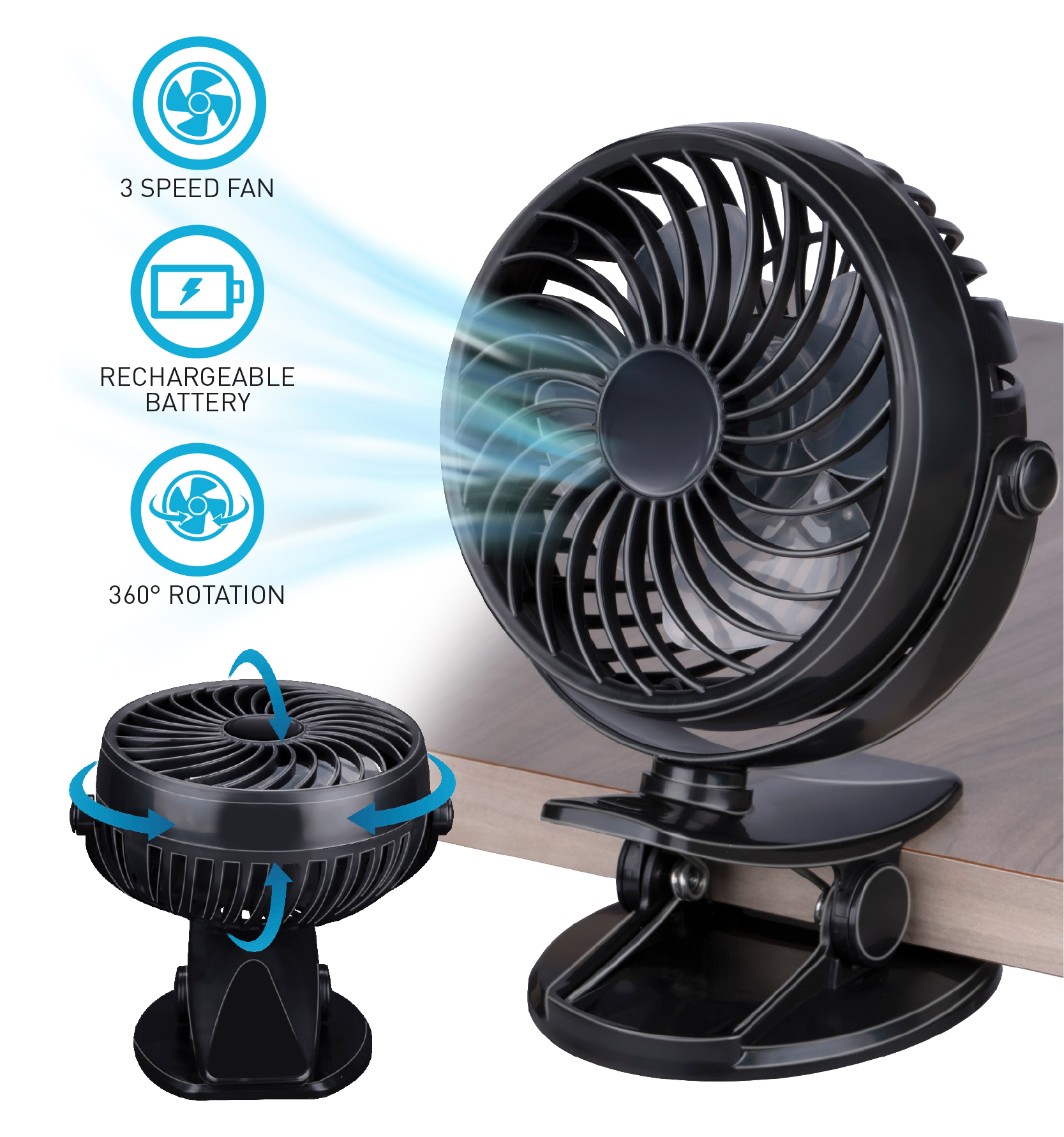 Un ventilateur noir à clipser avec 3 vitesses, batterie rechargeable et rotation à 360 degrés. Le ventilateur est sur bois.