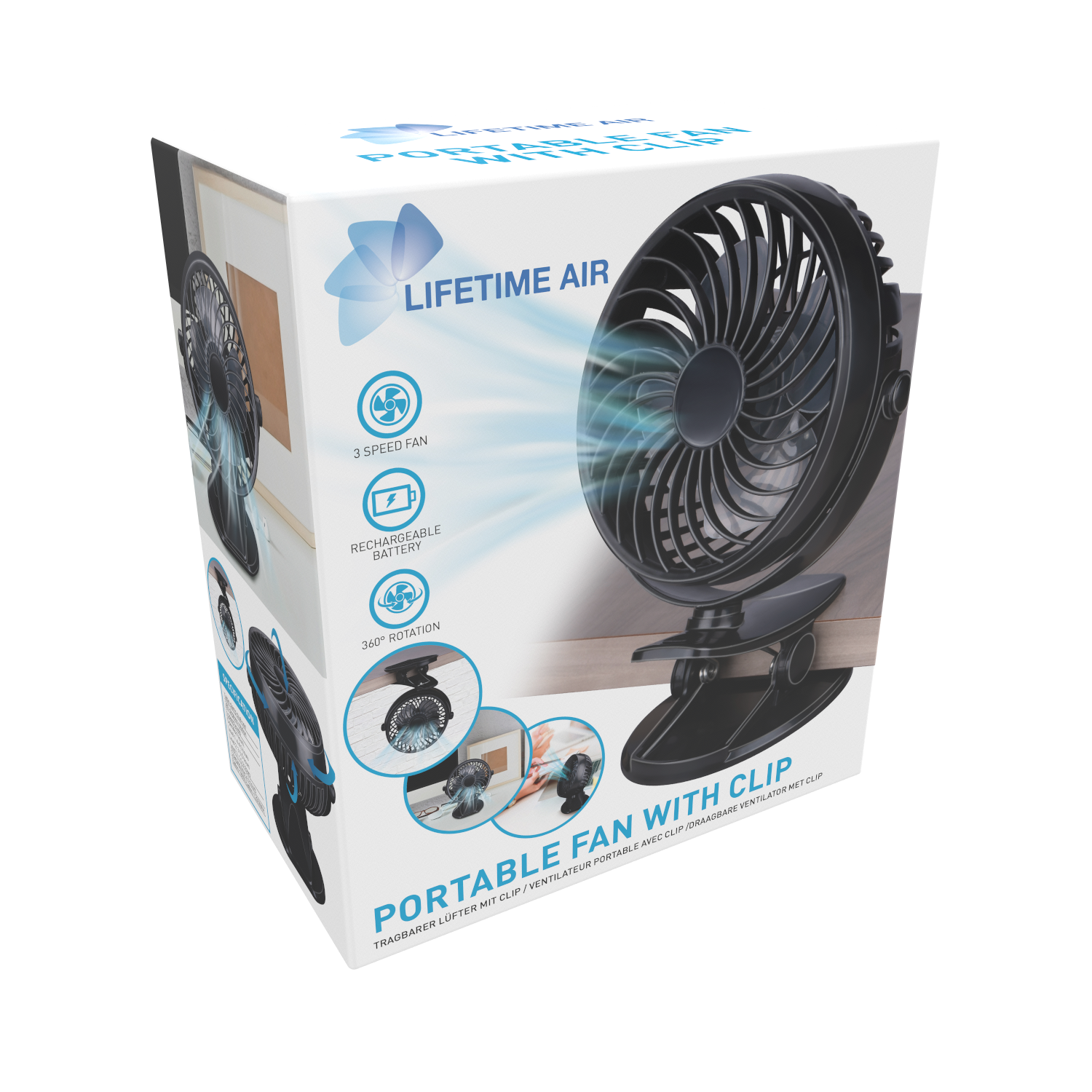 Ventilateur portable avec clip en boîte, de couleur noire. Comprend un ventilateur à 3 vitesses, une batterie rechargeable et une rotation à 360°.