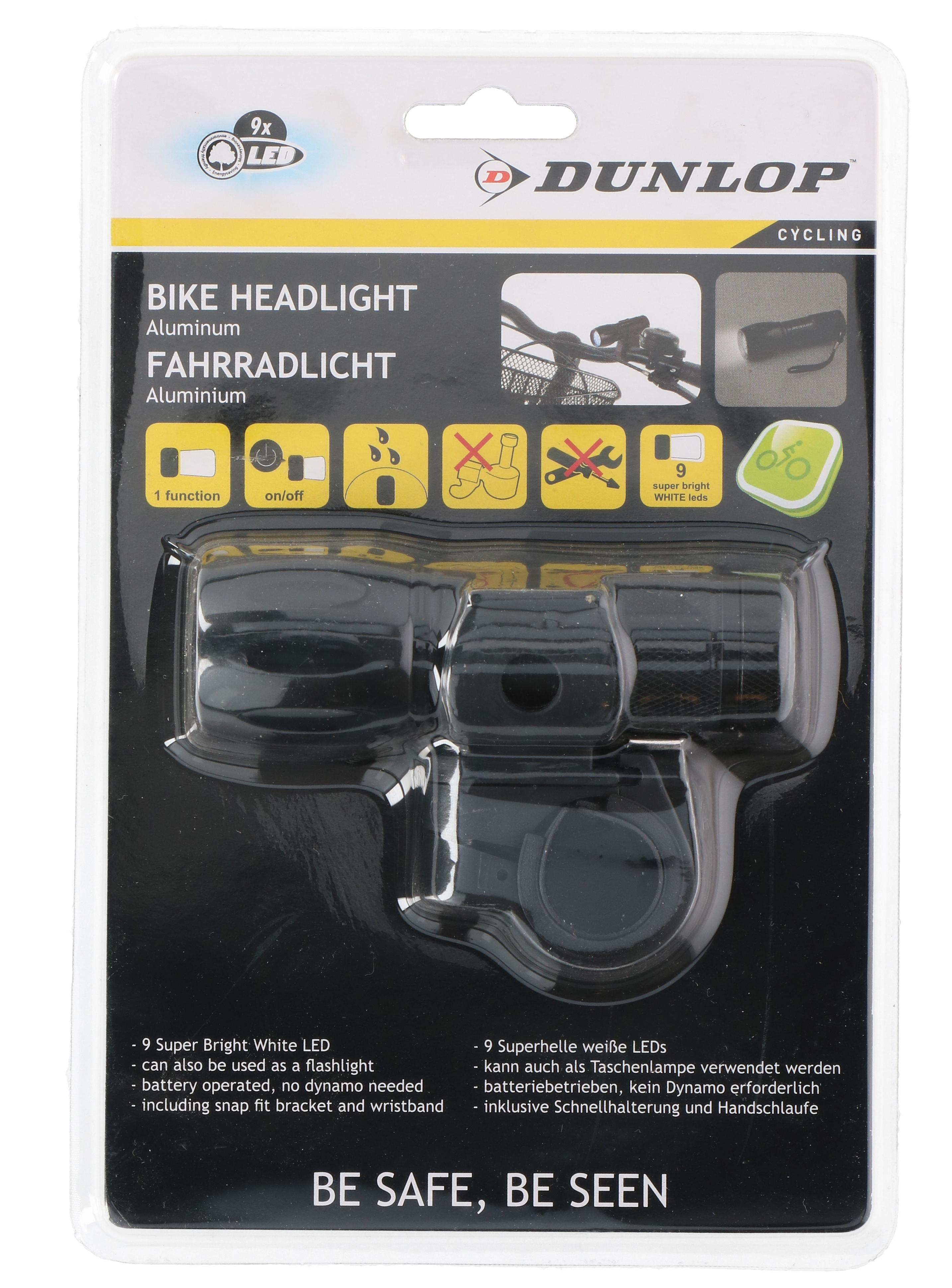 Een verpakking voor een fietslamp. De verpakking is zwart en wit met het Dunlop-logo. Het heeft 9 heldere LED's en een fietspictogram.