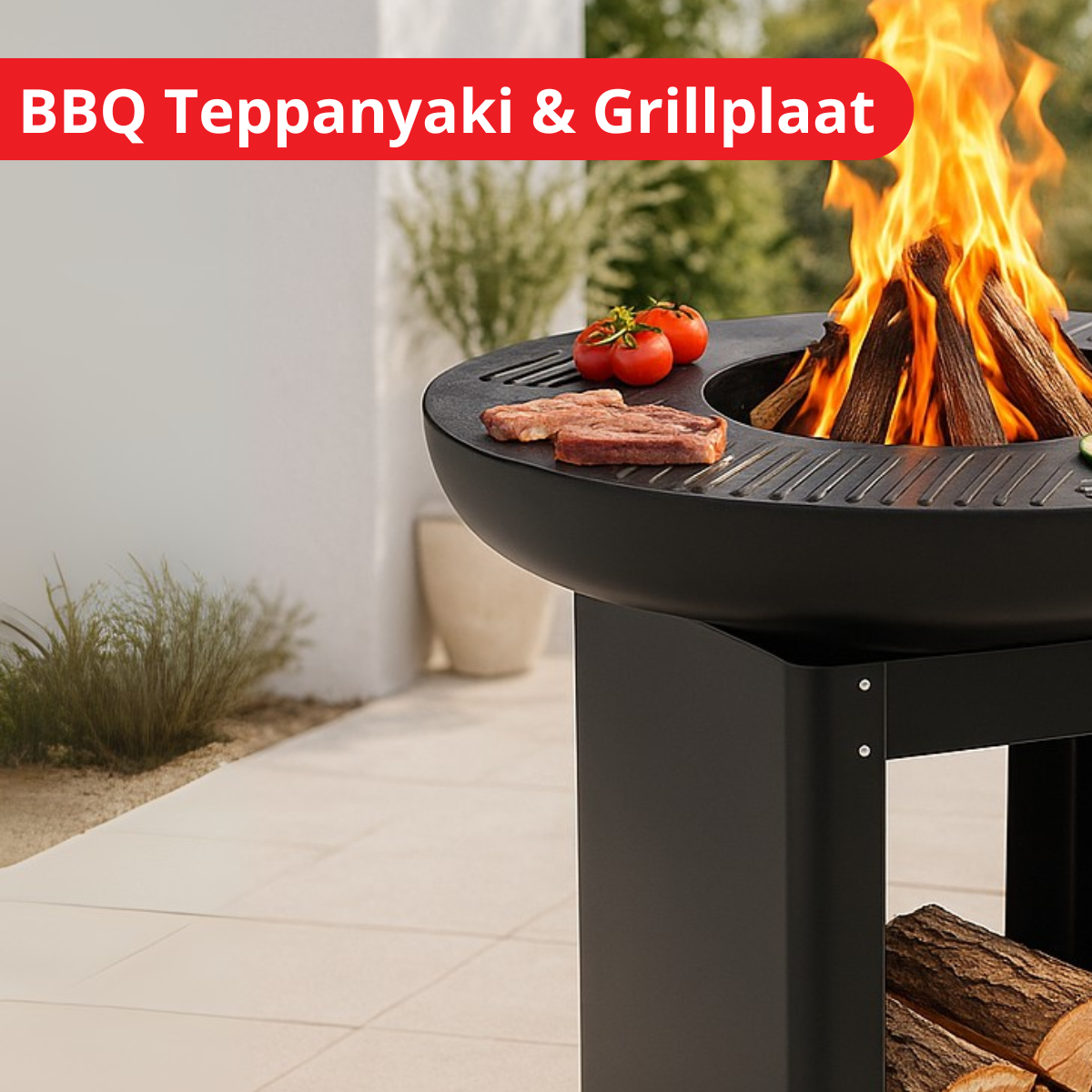 Een zwarte BBQ grill met vuur, vlees en tomaten. Houtblokken onderaan, op een terras. De woorden BBQ Teppanyaki & Grillplaat zijn zichtbaar.