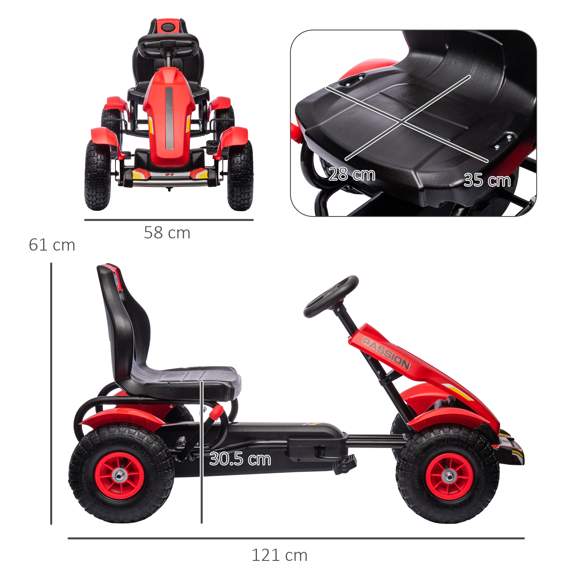 Go-kart a pedali rosso e nero con sedile nero, pneumatici neri e cerchi rossi. Dimensioni nell'immagine.