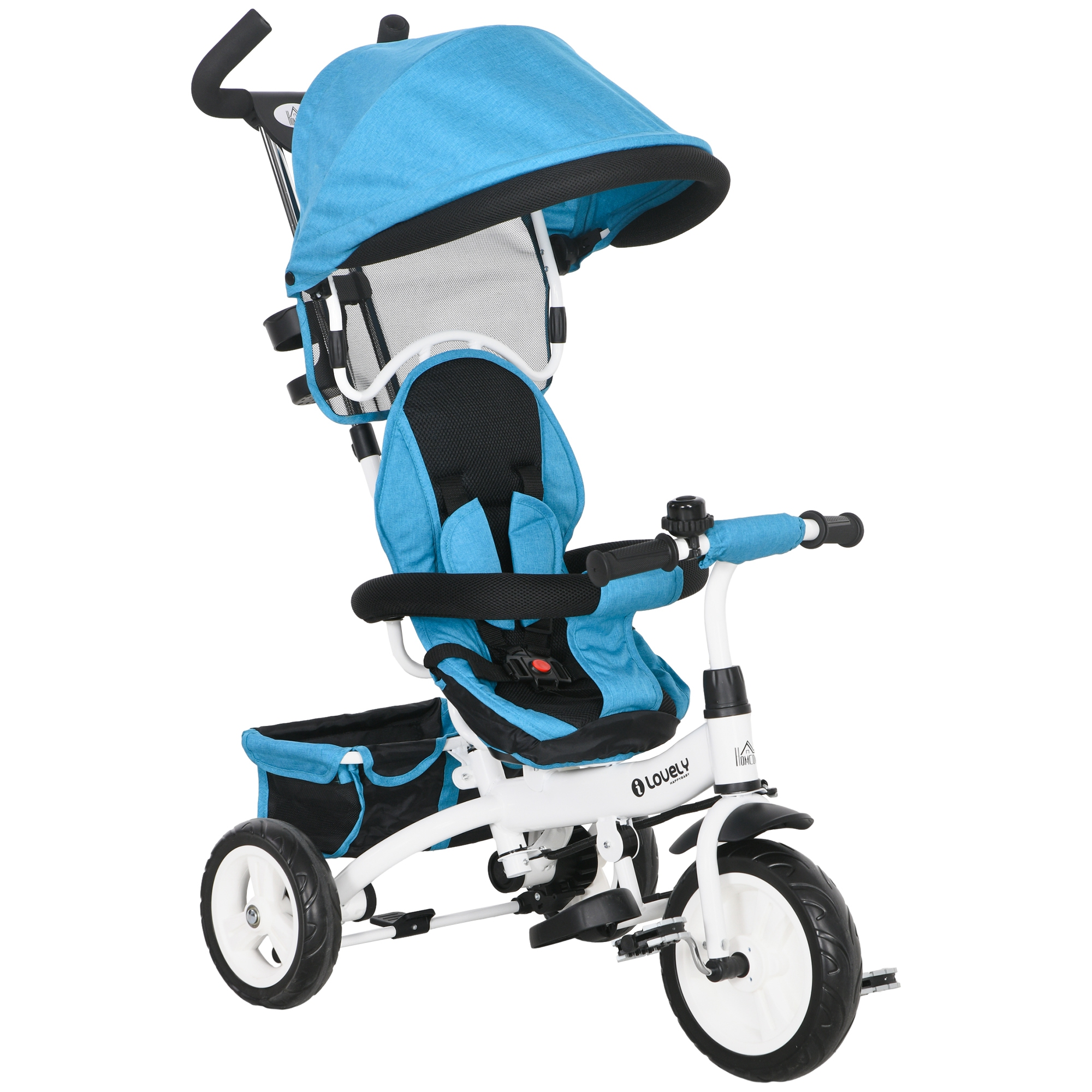 Un triciclo per bambini blu e nero con parasole. Ha telaio bianco, ruote nere e un cestino portaoggetti.