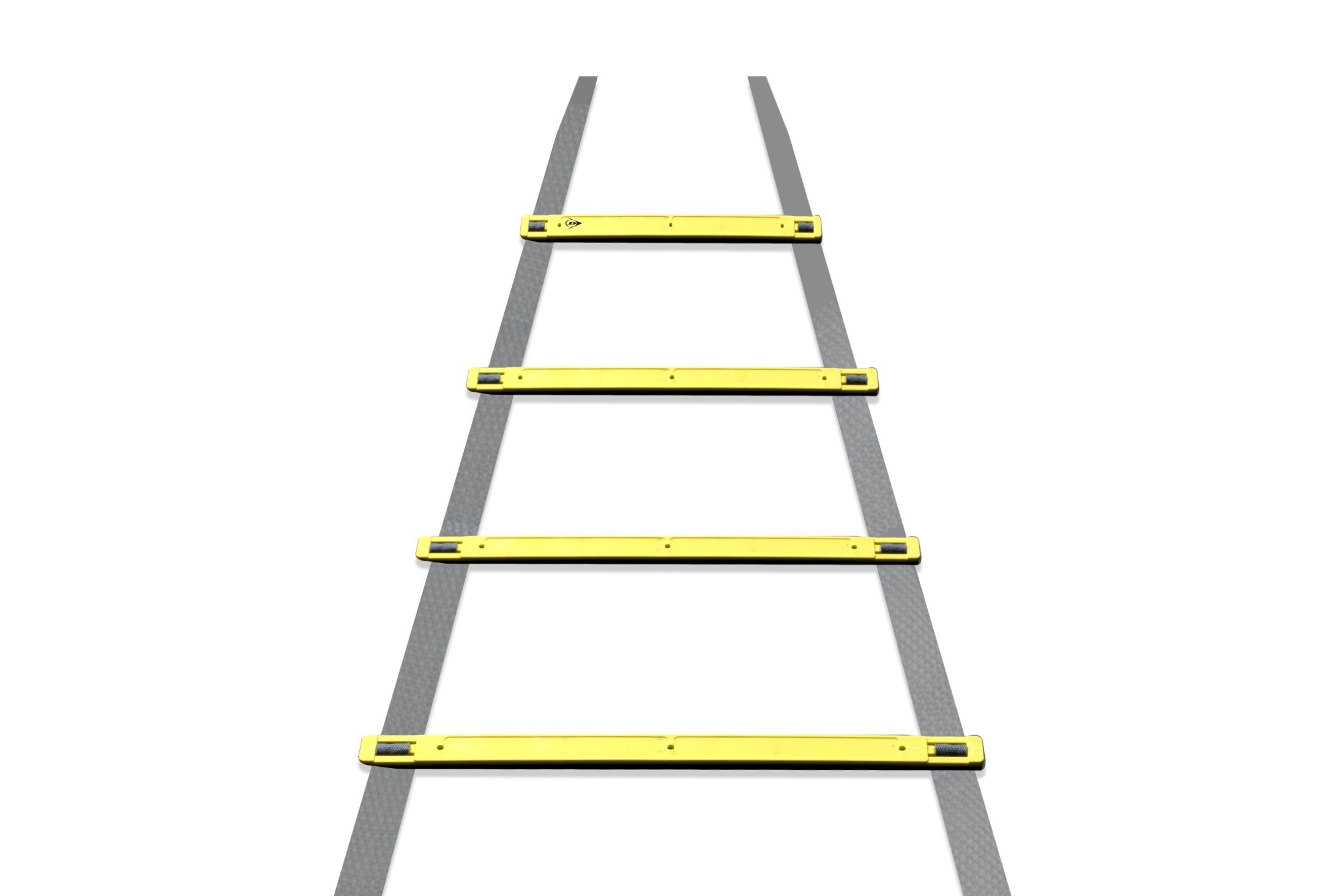 An agility ladder on a white background. Yellow rungs are connected to gray straps. Top to bottom, five visible rungs.