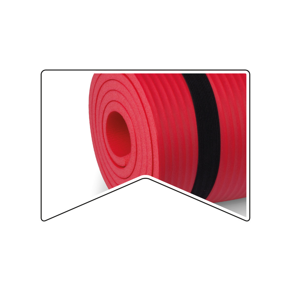 Rolled red yoga mat with a black strap. The mat is in a white background.
