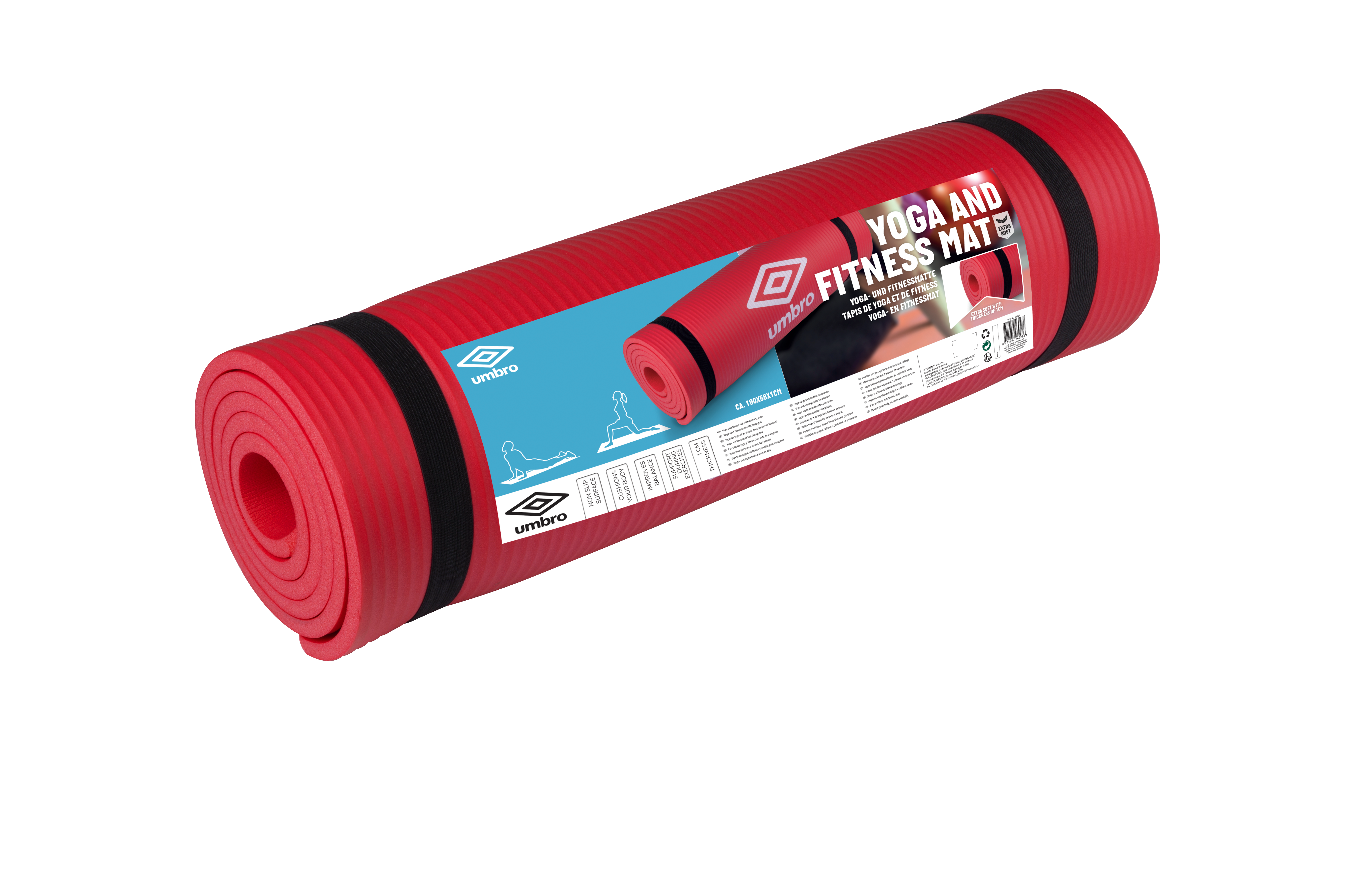 A rolled-up red yoga mat with black straps is displayed against a black background. The mat has the Umbro logo.