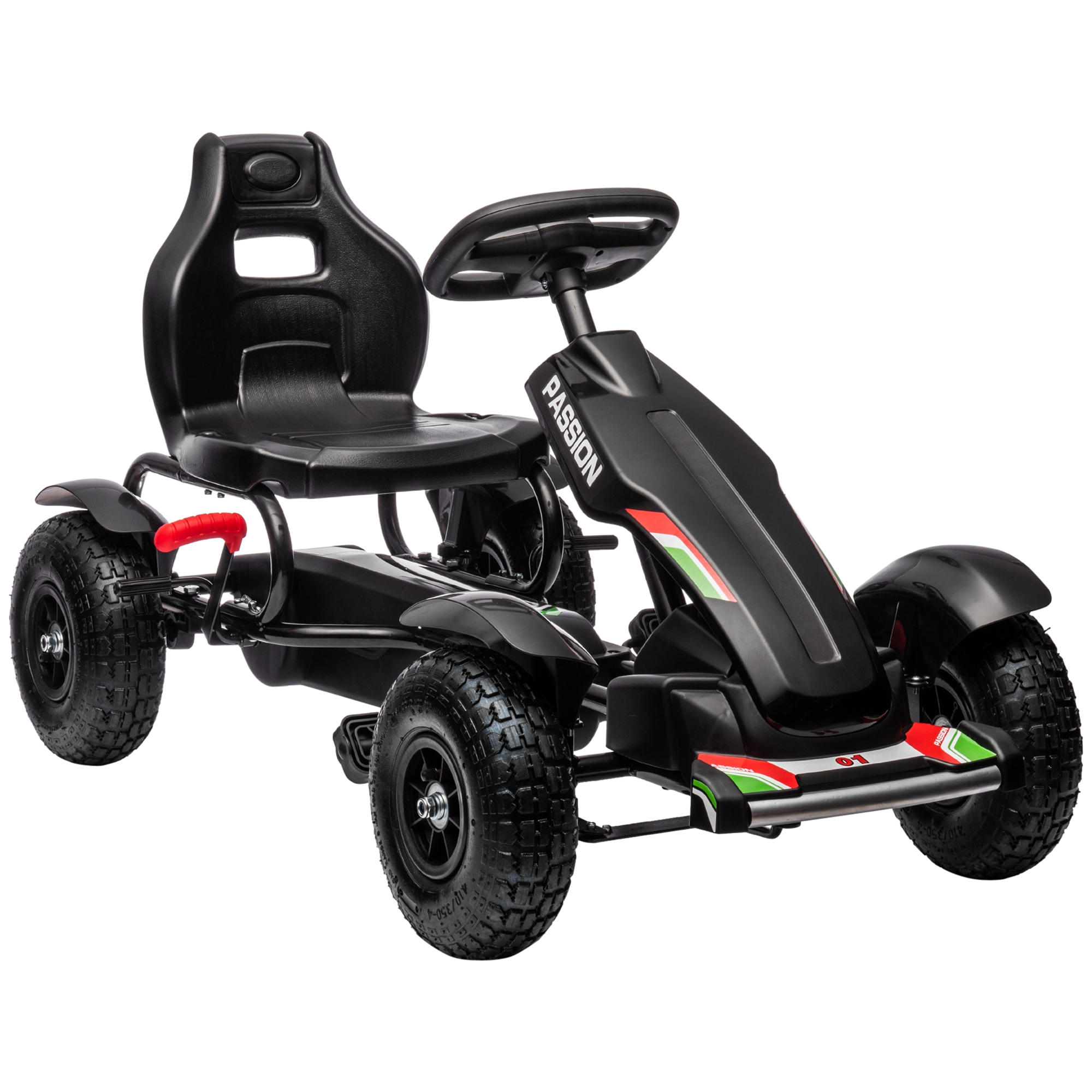 Un go-kart a pedali nero. Ha sedile, volante e ruote neri. Il go-kart ha accenti rossi e verdi.
