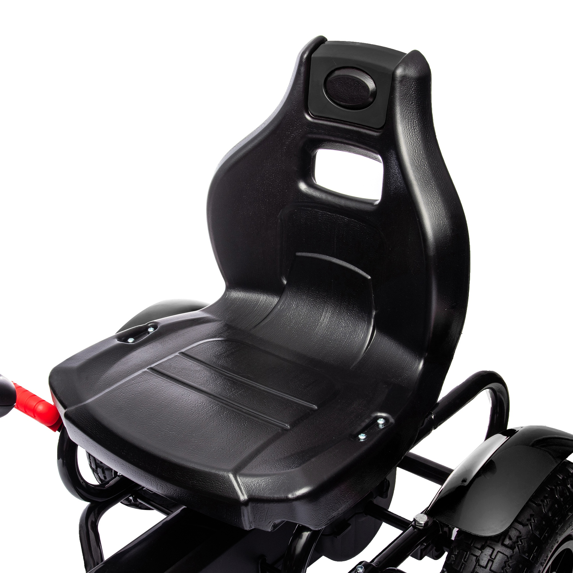 Sedile go-kart nero con poggiatesta, su sfondo bianco. Il sedile è in plastica e ha un design sportivo.