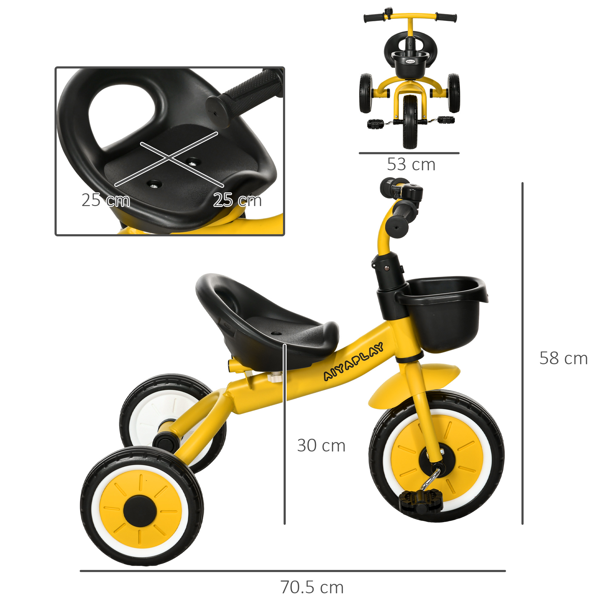 Triciclo giallo con sedile e cestino neri. Ha tre ruote con pneumatici bianchi e neri. Sono visualizzate le misure.