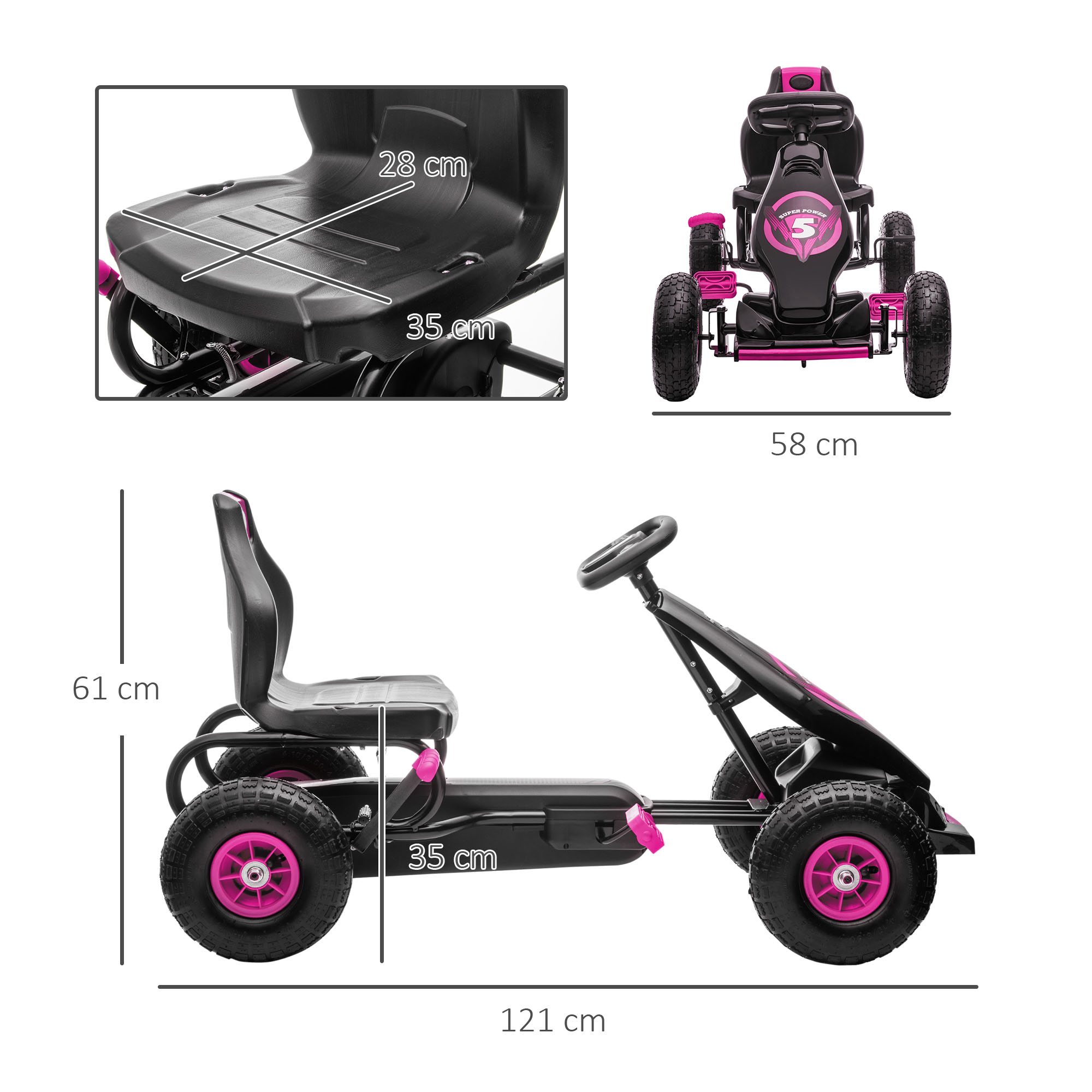 Un go-kart nero con dettagli rosa. Ha quattro ruote con cerchi rosa. Le dimensioni sono visualizzate nell'immagine.