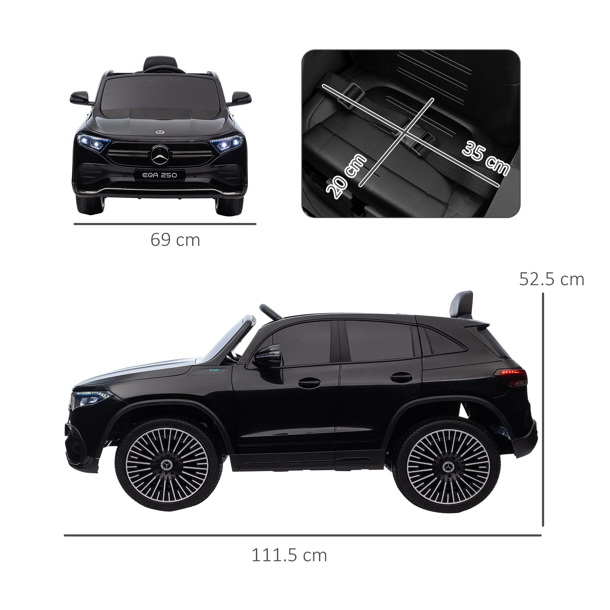 Giocattolo per auto elettrica nera con misure. Include dettaglio del sedile con misure di 20 cm e 35 cm.
