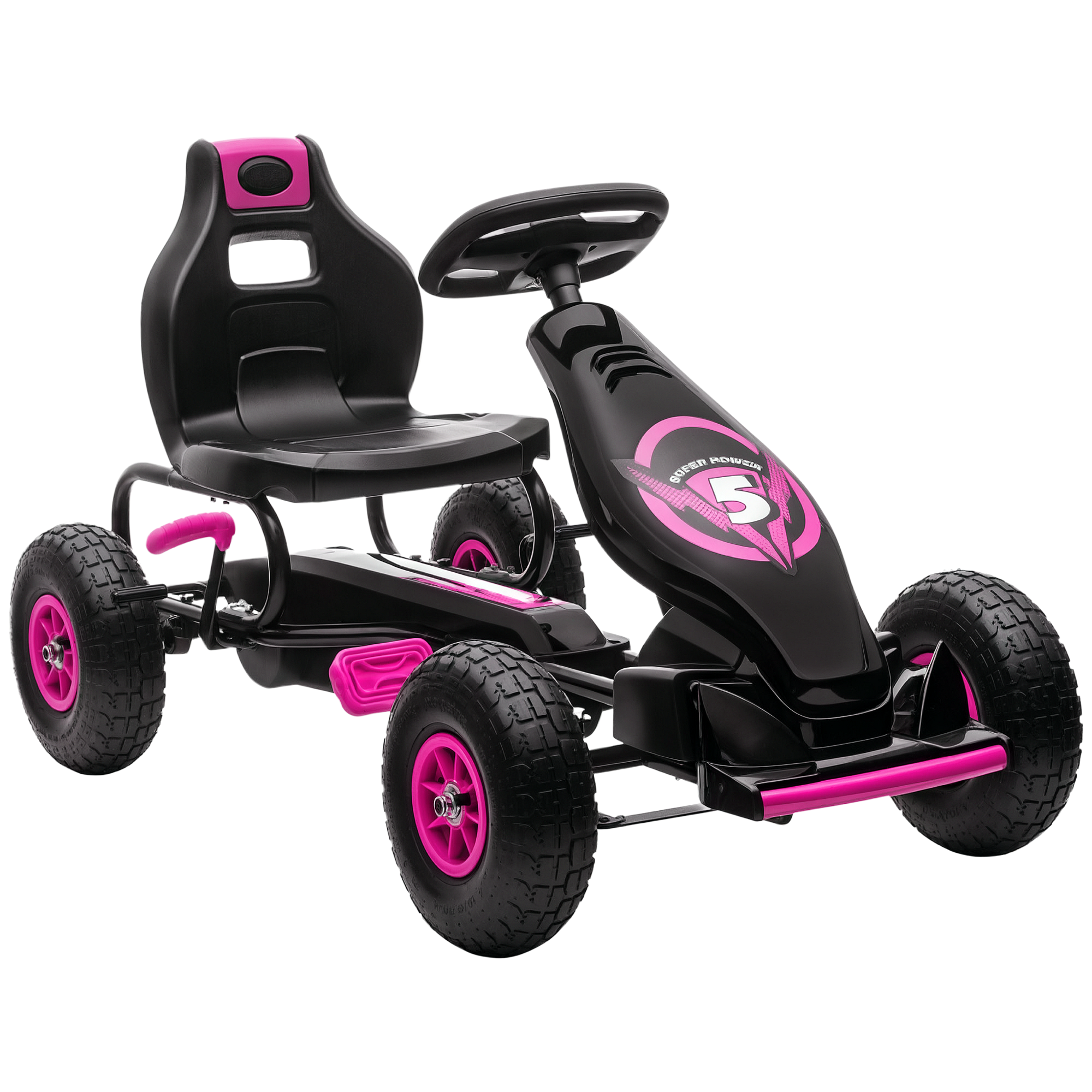 Un go-kart nero e rosa. Ha un volante, un sedile e quattro ruote. Le ruote e gli accenti sono rosa.