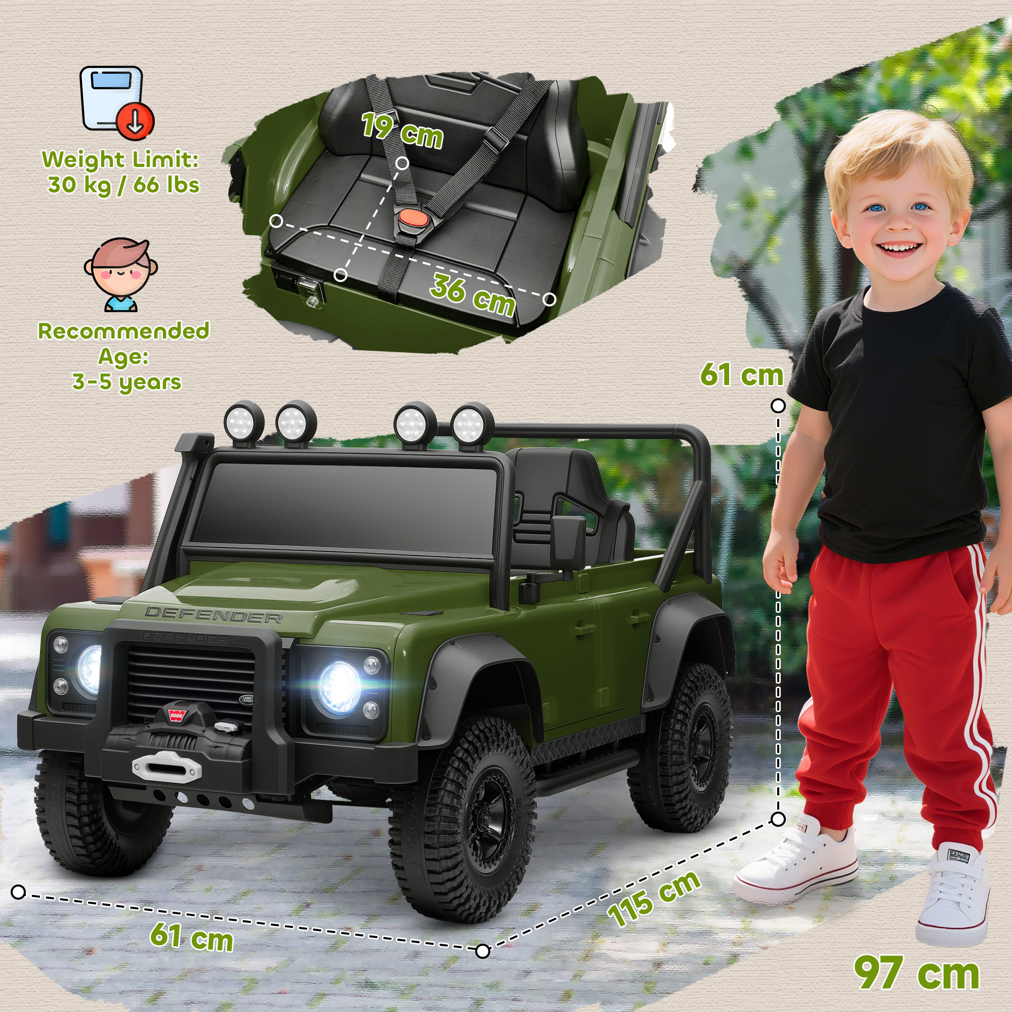 Un bambino è in piedi accanto a un'auto giocattolo verde. L'auto ha luci, un sedile e misure. Il bambino indossa pantaloni rossi.