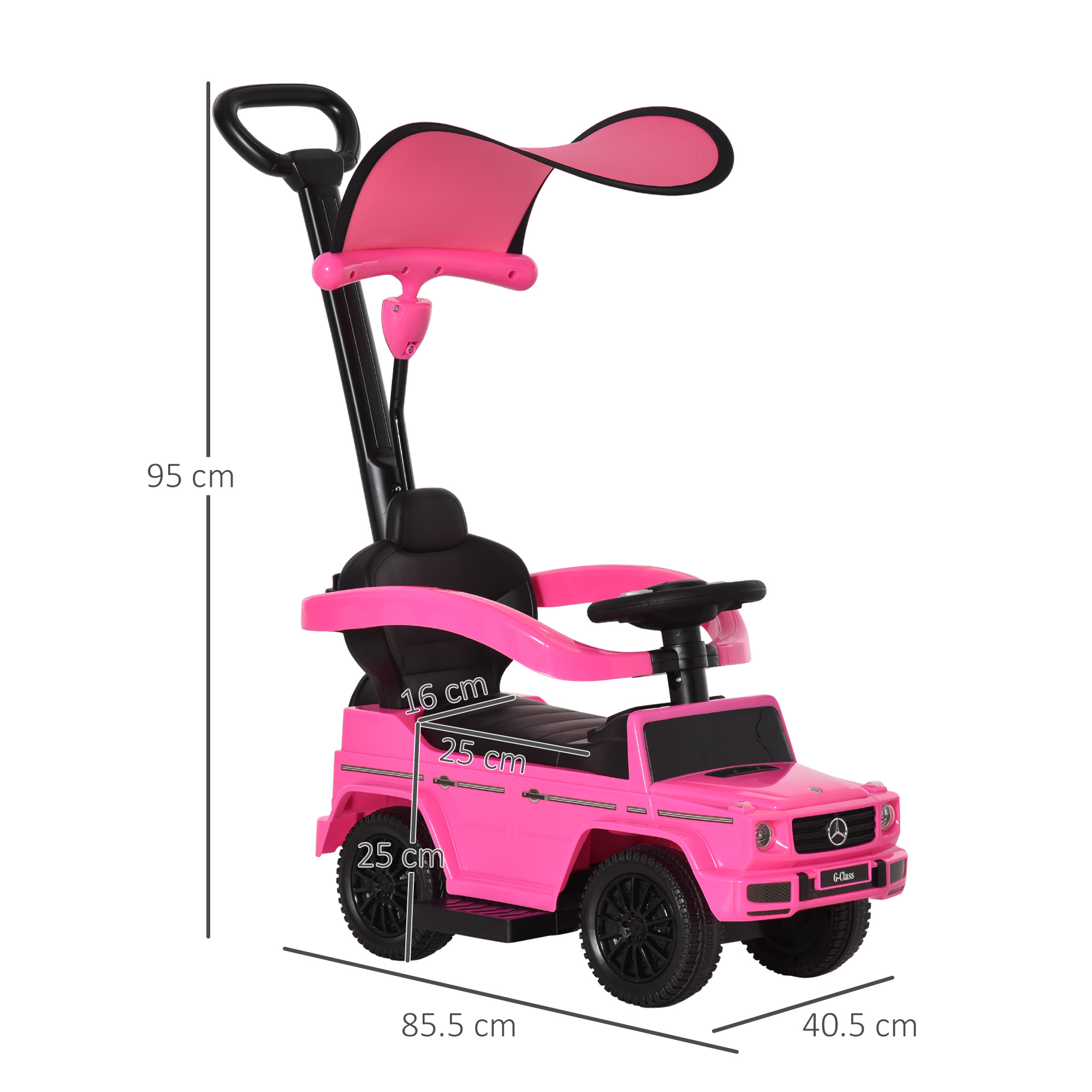 Macchina giocattolo rosa con maniglia, tettuccio e dimensioni in centimetri su sfondo bianco.