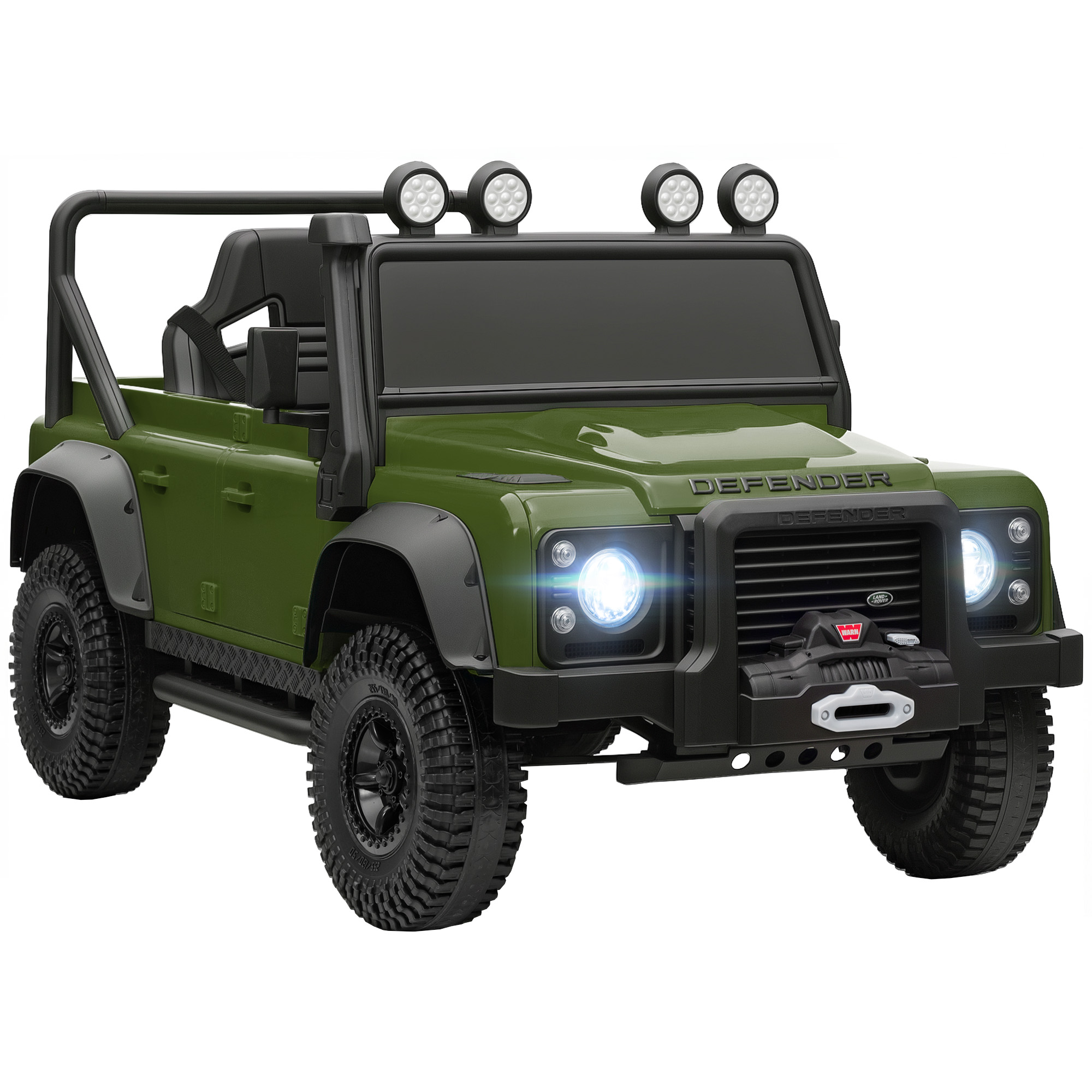 SUV Defender giocattolo verde con dettagli neri, fari accesi e quattro luci superiori. Include verricello e pneumatici fuoristrada.