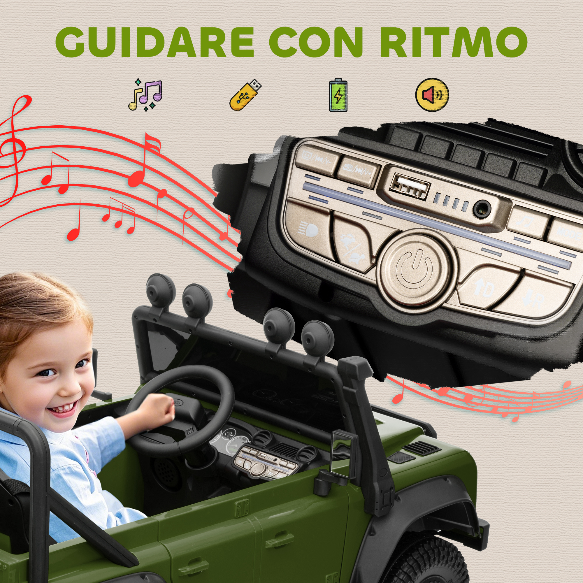 Una bambina sorridente in un'auto giocattolo verde. L'auto ha controlli musicali e la scritta "GUIDARE CON RITMO". Note musicali fluttuano sopra.