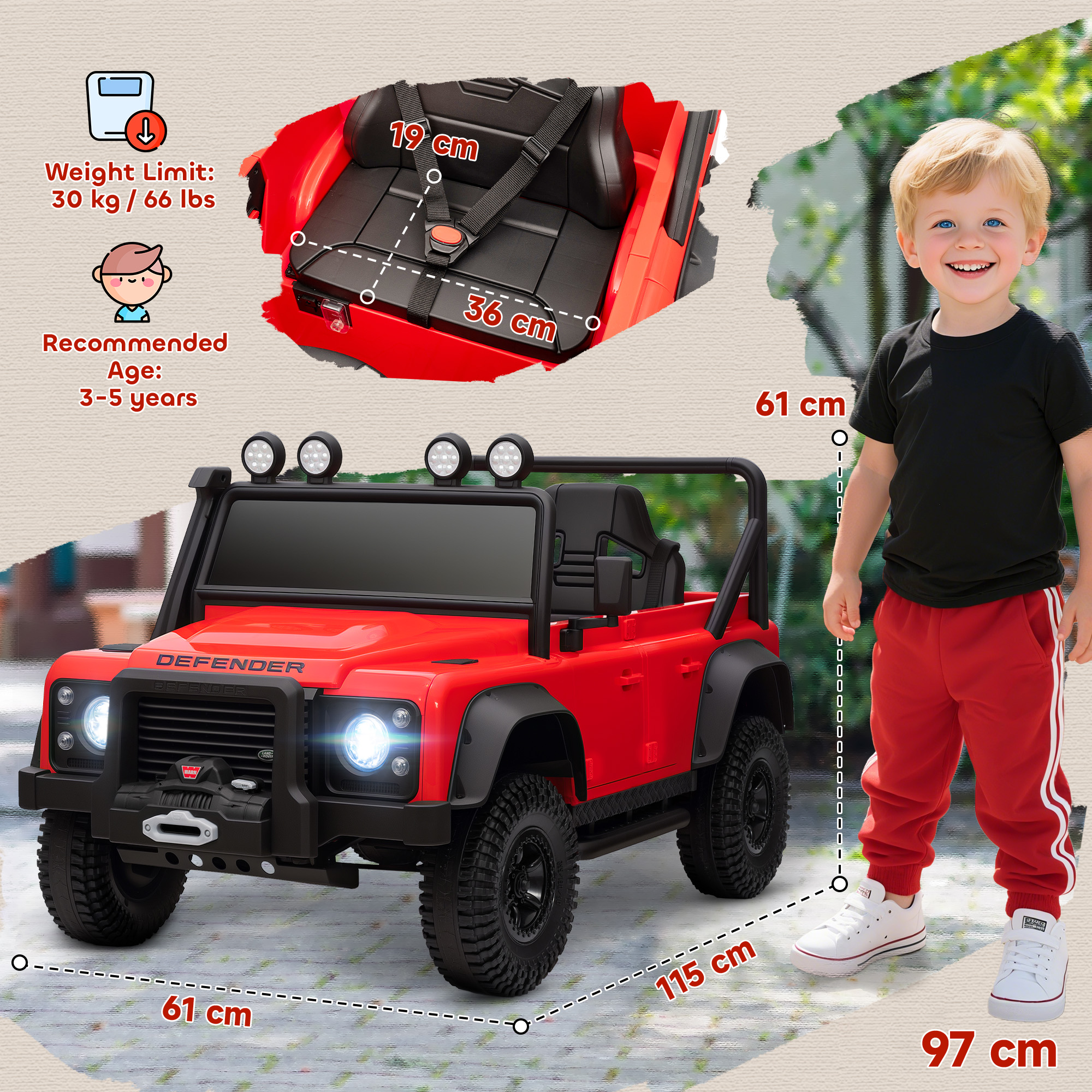 Un'auto giocattolo rossa con un bambino accanto. L'auto ha ruote e luci nere. Il bambino sorride.