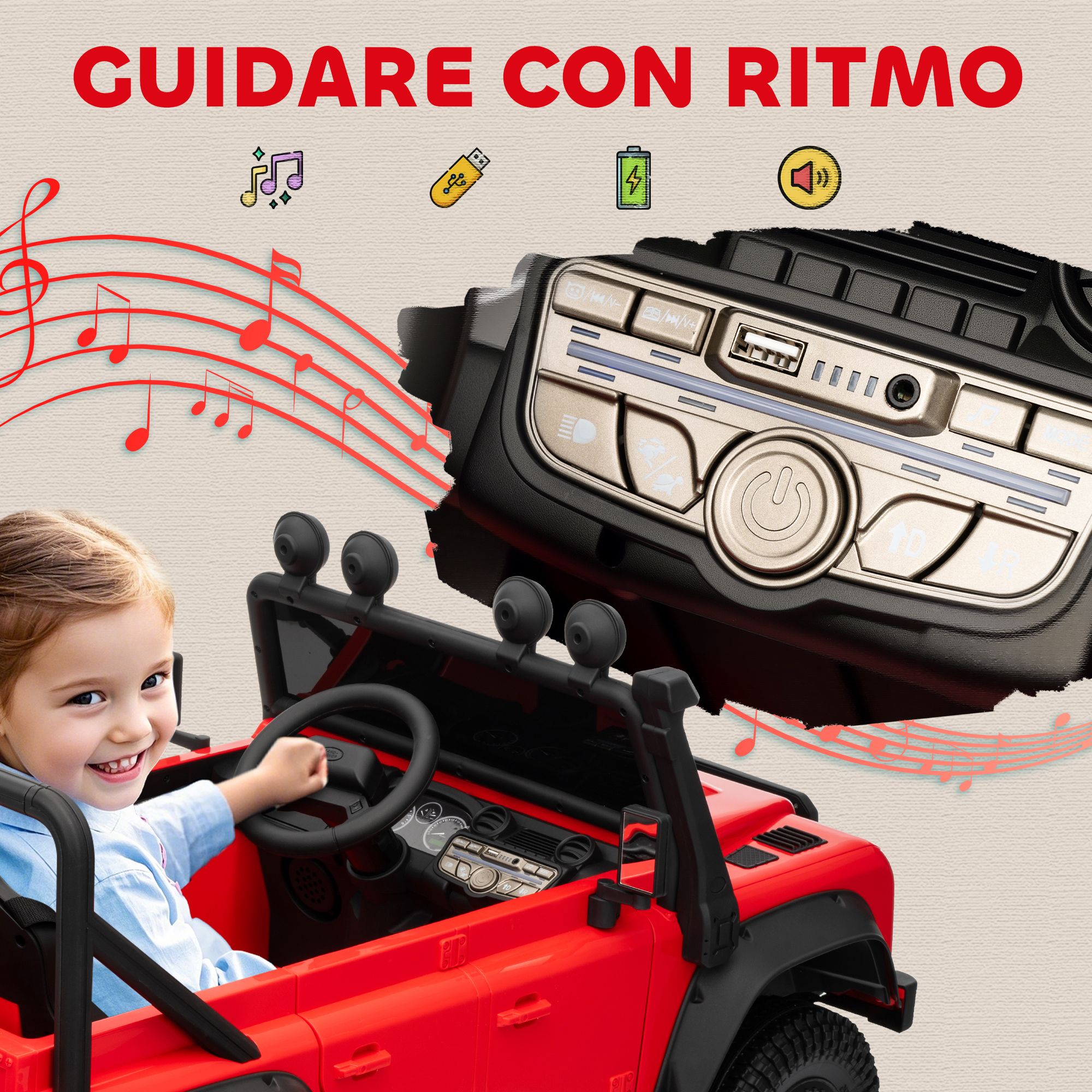 Una bambina sorridente guida un'auto giocattolo rossa. L'immagine ha note musicali e il testo 'GUIDARE CON RITMO' (Guidare con ritmo).