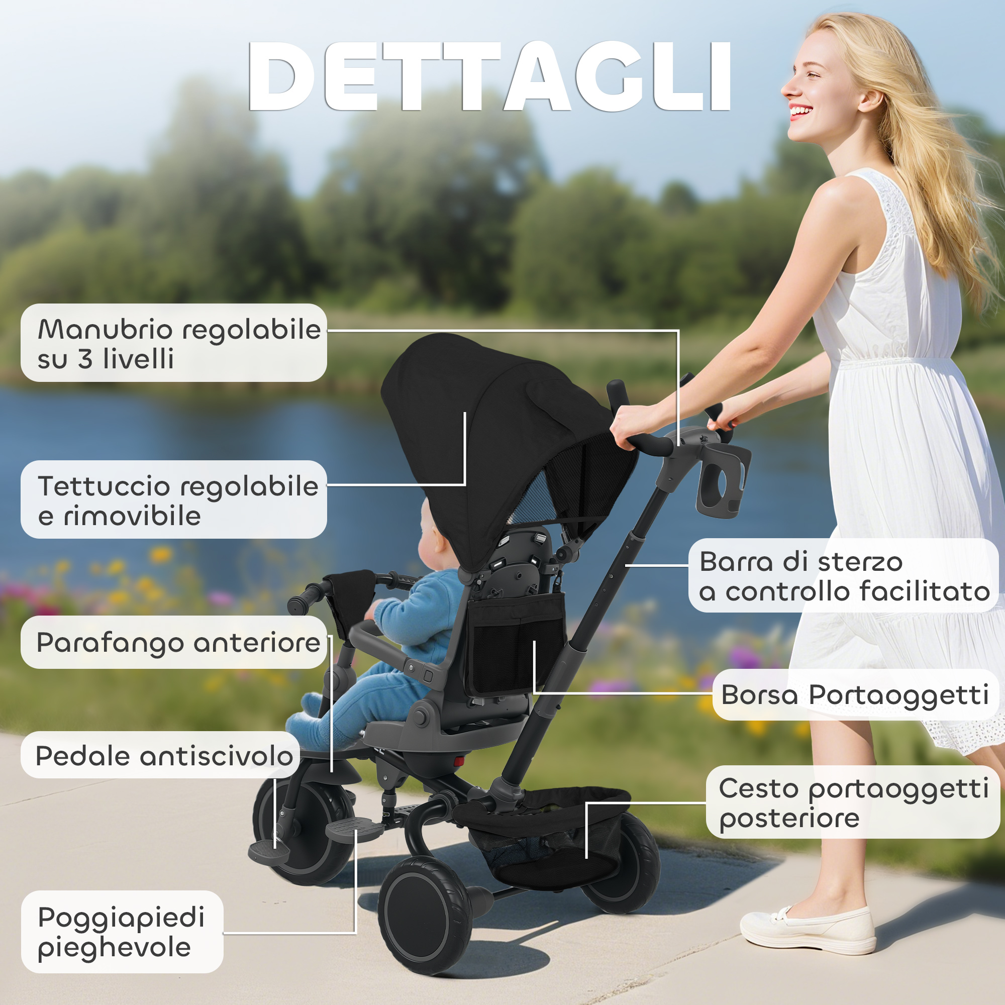 Una donna spinge un triciclo nero e grigio con un bambino. Il triciclo ha un parasole e spazio portaoggetti. La donna sorride.