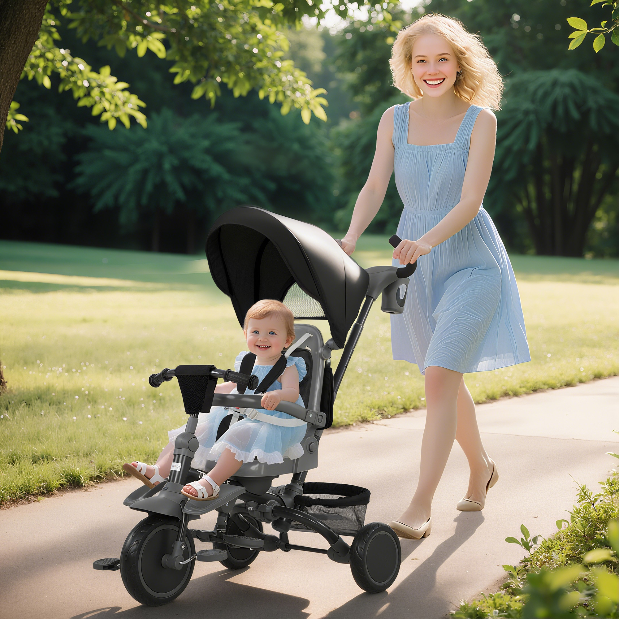 Una donna spinge un triciclo con un bambino in un parco. Entrambi sorridono. La donna indossa un vestito blu, il bambino uno simile.