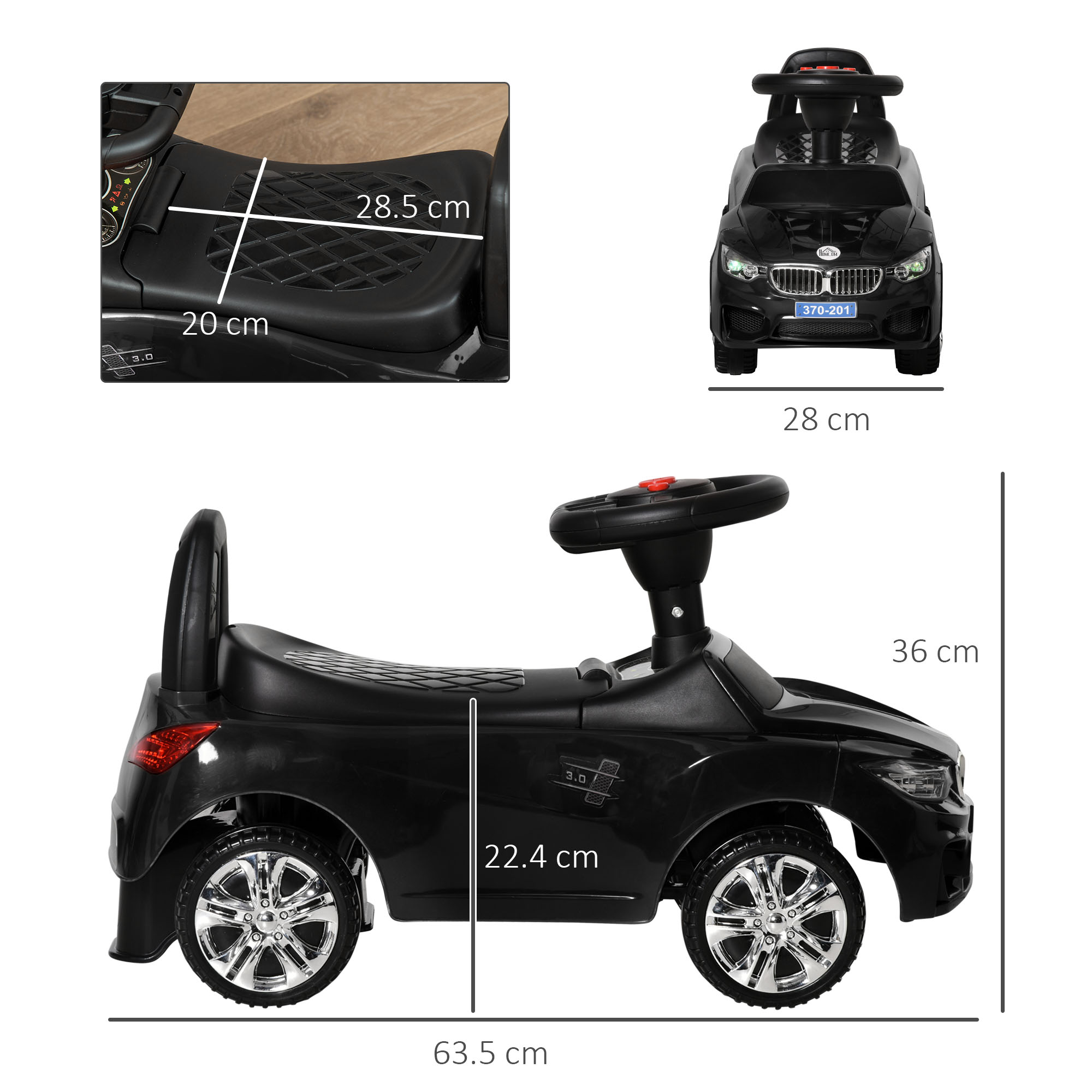 Un'auto giocattolo nera con dimensioni indicate. Le dimensioni sono sul sedile, sulla larghezza e sull'altezza dell'auto.