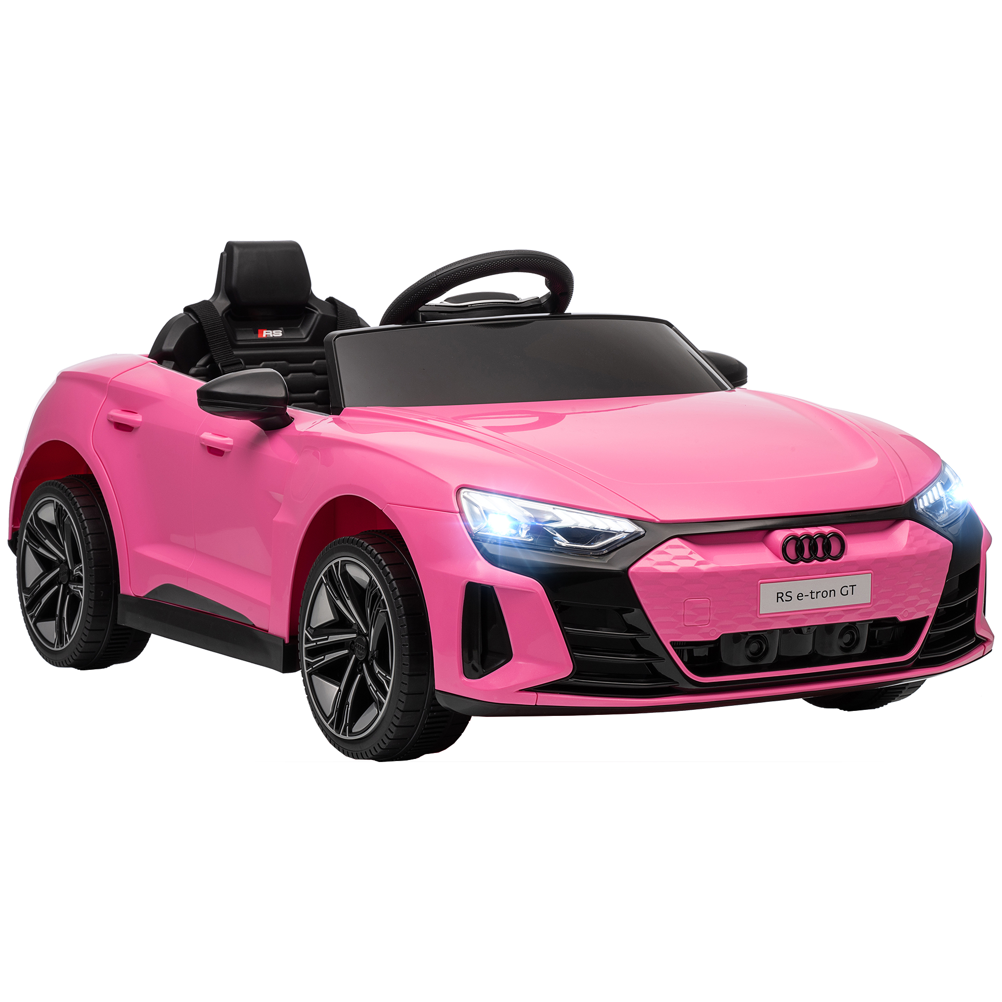 Macchina giocattolo Audi RS e-tron GT rosa con dettagli neri, ruote nere e interni neri, isolata su sfondo bianco.