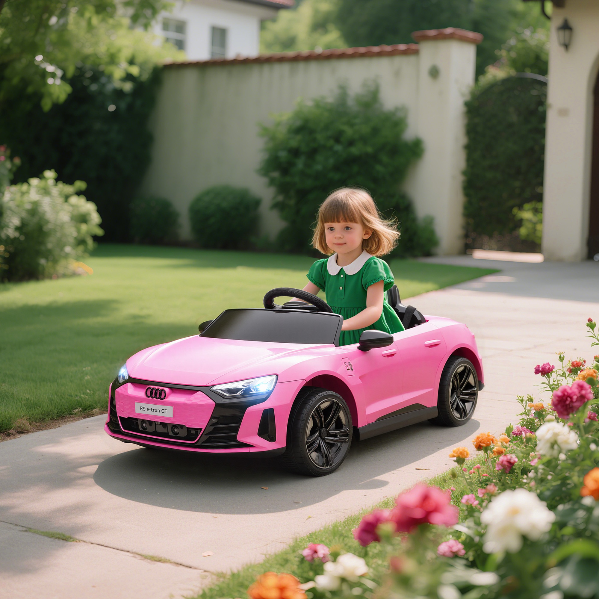 Una niña con un vestido verde conduce un coche de juguete rosa por un camino pavimentado.