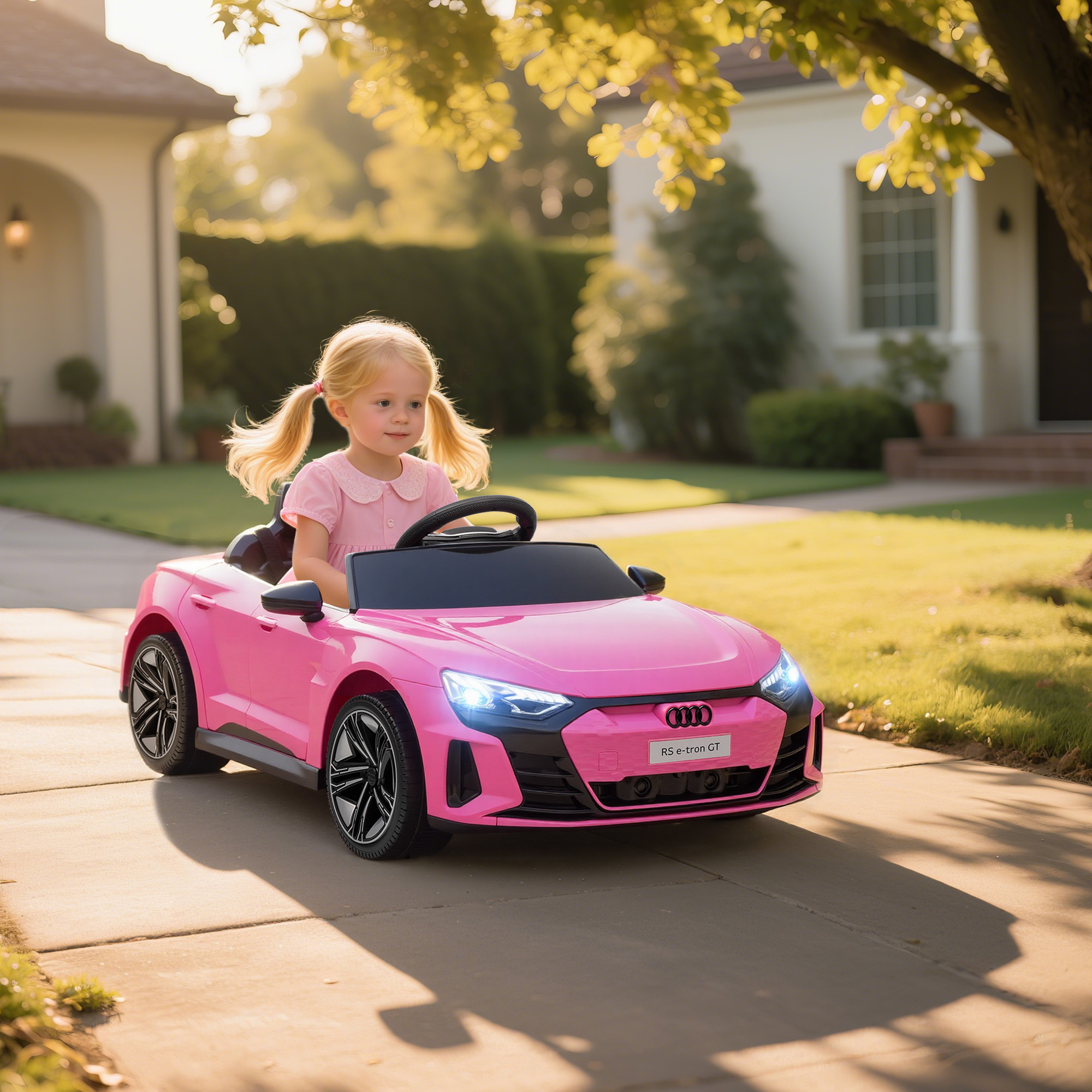 Una bambina guida un'auto giocattolo rosa su un vialetto. Case e alberi sullo sfondo.