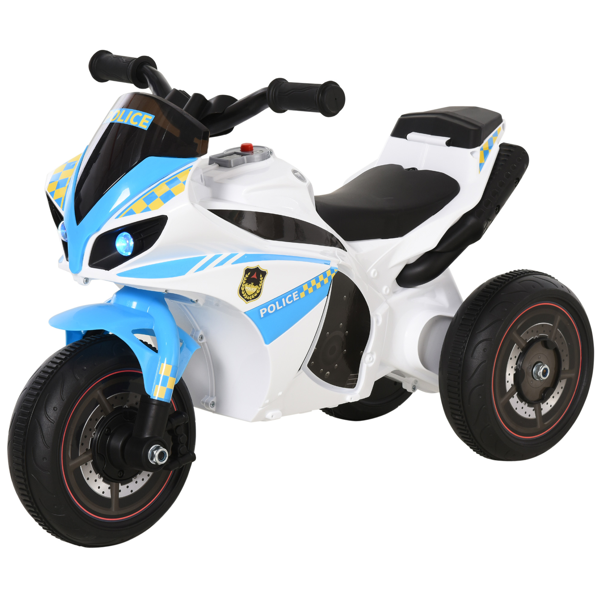 Un triciclo della polizia bianco e blu. Ha tre ruote, un sedile nero e la scritta "POLICE" sul lato.