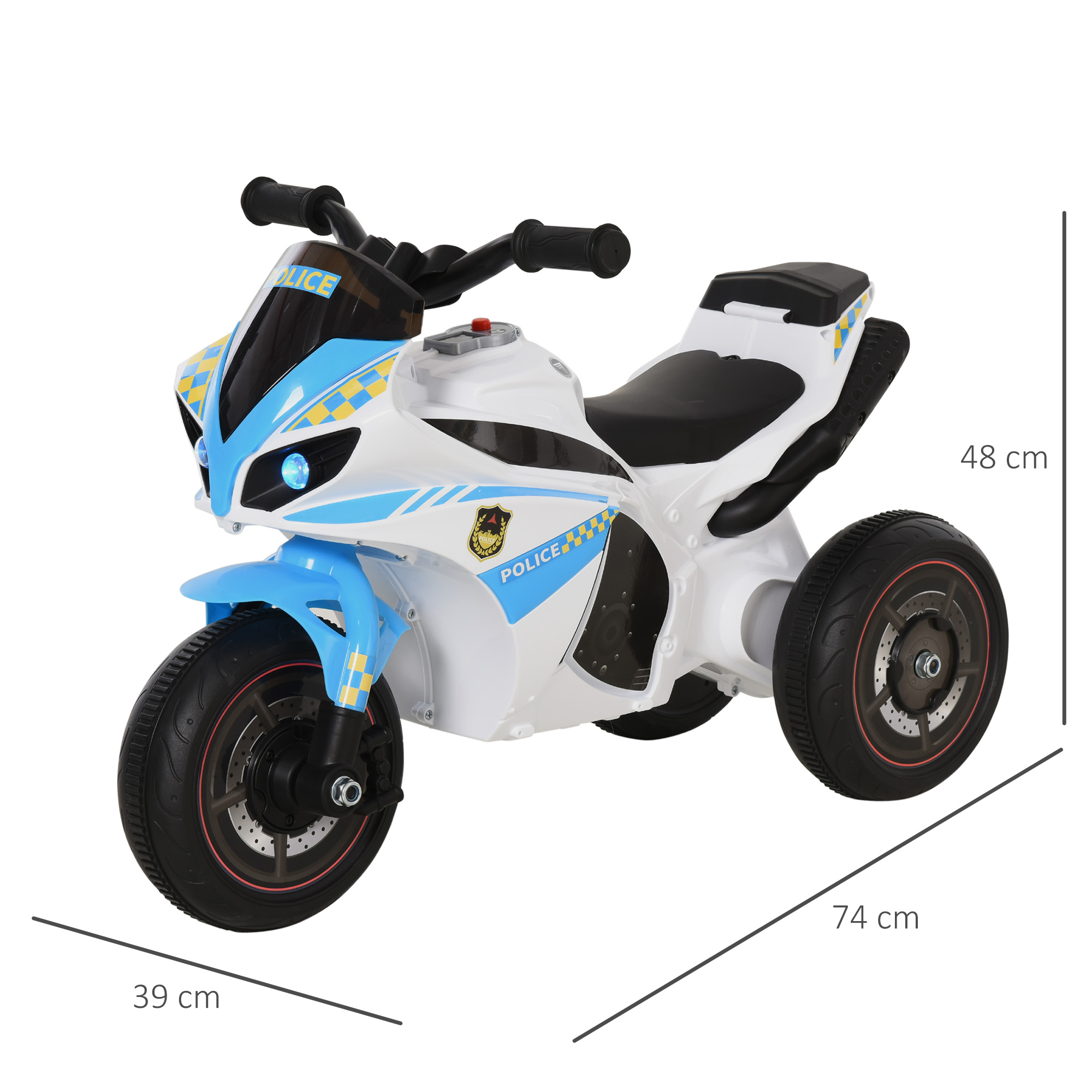 Un triciclo della polizia bianco e blu a tre ruote. Ha un sedile e un manubrio neri, con la scritta "POLIZIA" sul lato.