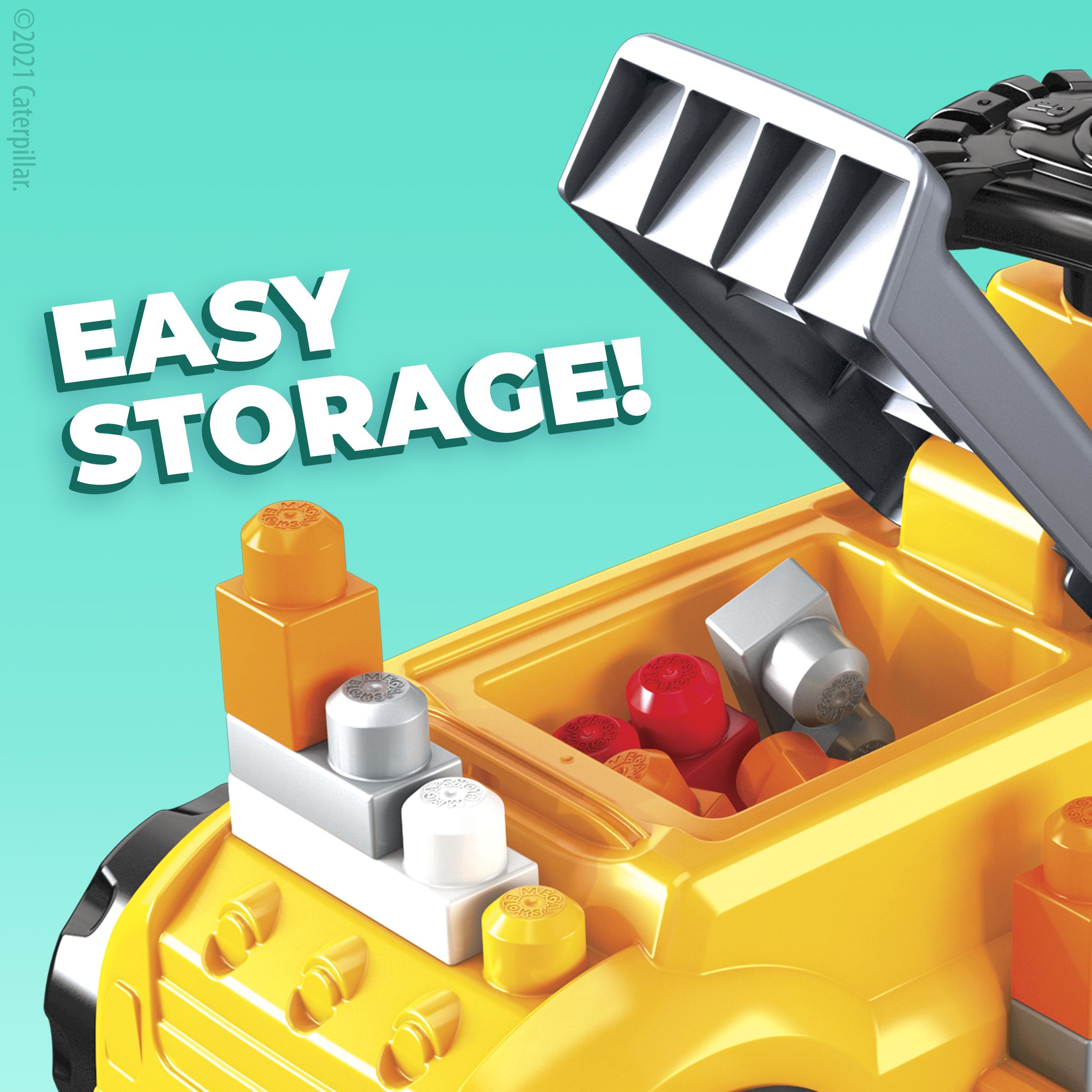 Un camion giocattolo giallo con vano portaoggetti. All'interno, sono visibili blocchi rossi e arancioni. Il testo "EASY STORAGE!" è visualizzato.