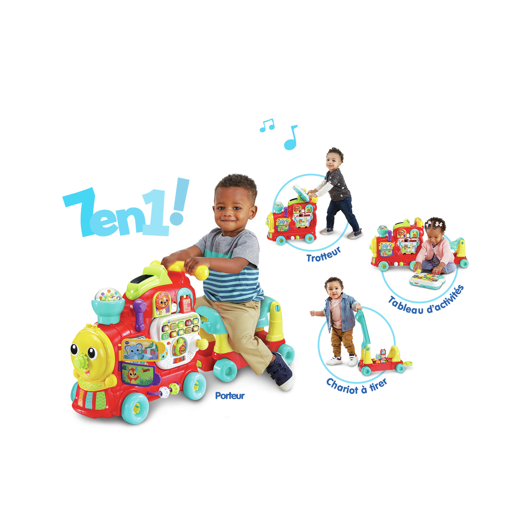 Chłopiec jedzie na czerwonej zabawce-pociągu z wieloma funkcjami. Inne dzieci bawią się podobnymi pociągami.