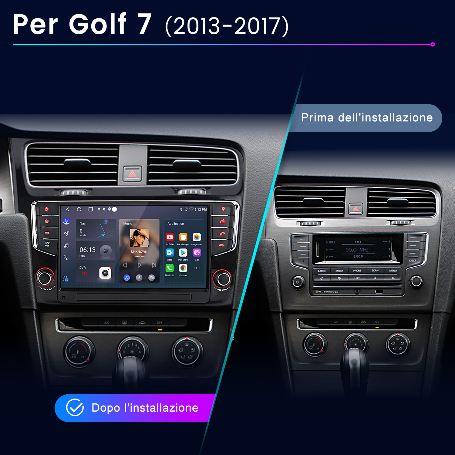 Confronto del cruscotto dell'auto: prima e dopo l'installazione di un nuovo sistema di infotainment con interfaccia touchscreen. L'immagine mostra l'interno dell'auto.