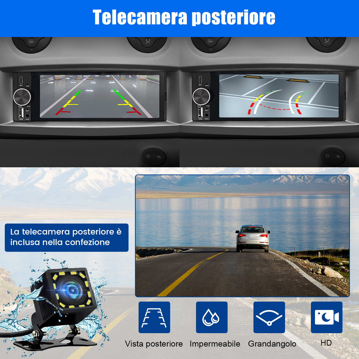 L'immagine mostra la vista posteriore di un'auto su schermi, una telecamera e un'auto che guida su una strada vicino a un lago.