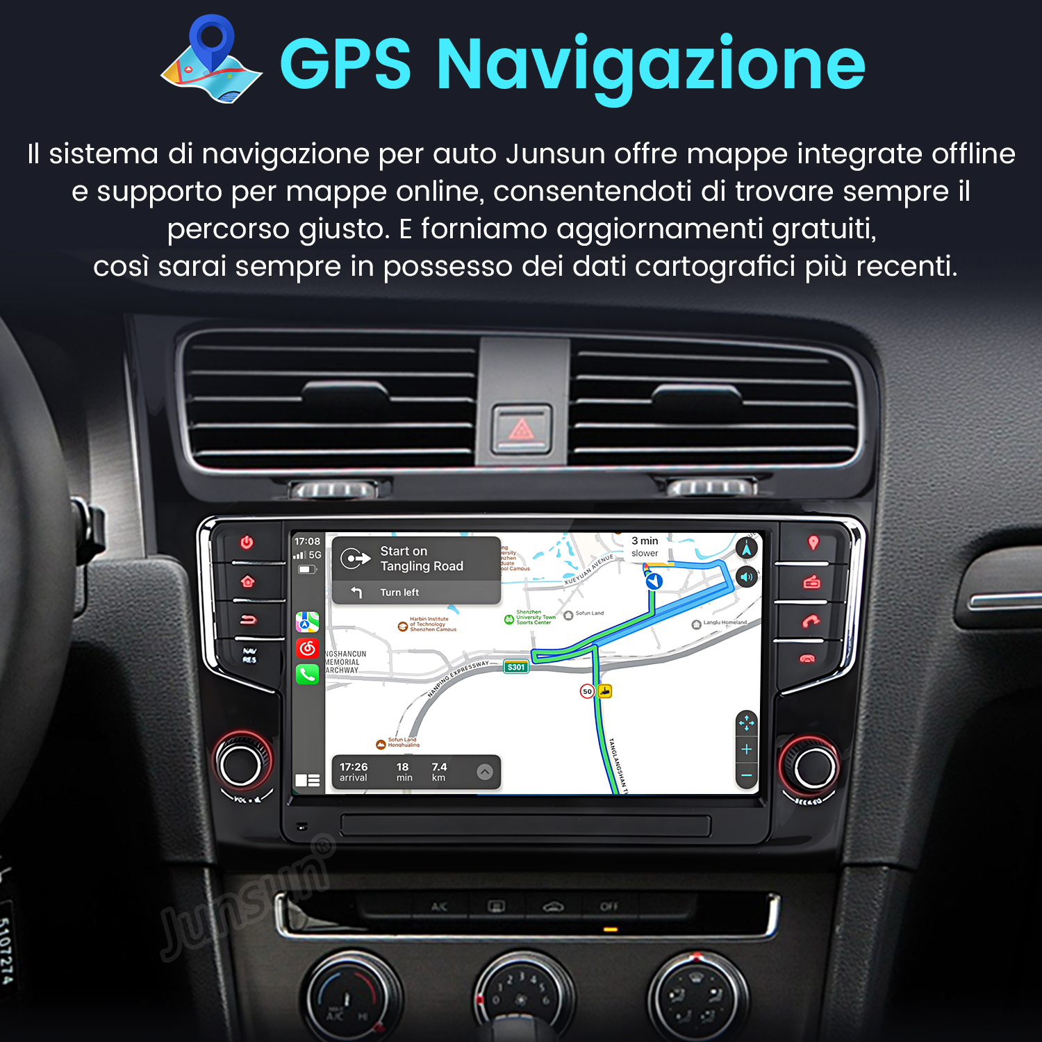 Sistema di navigazione per auto che mostra una mappa con indicazioni stradali. Interfaccia con pulsanti e manopole. Testo: GPS Navigazione.