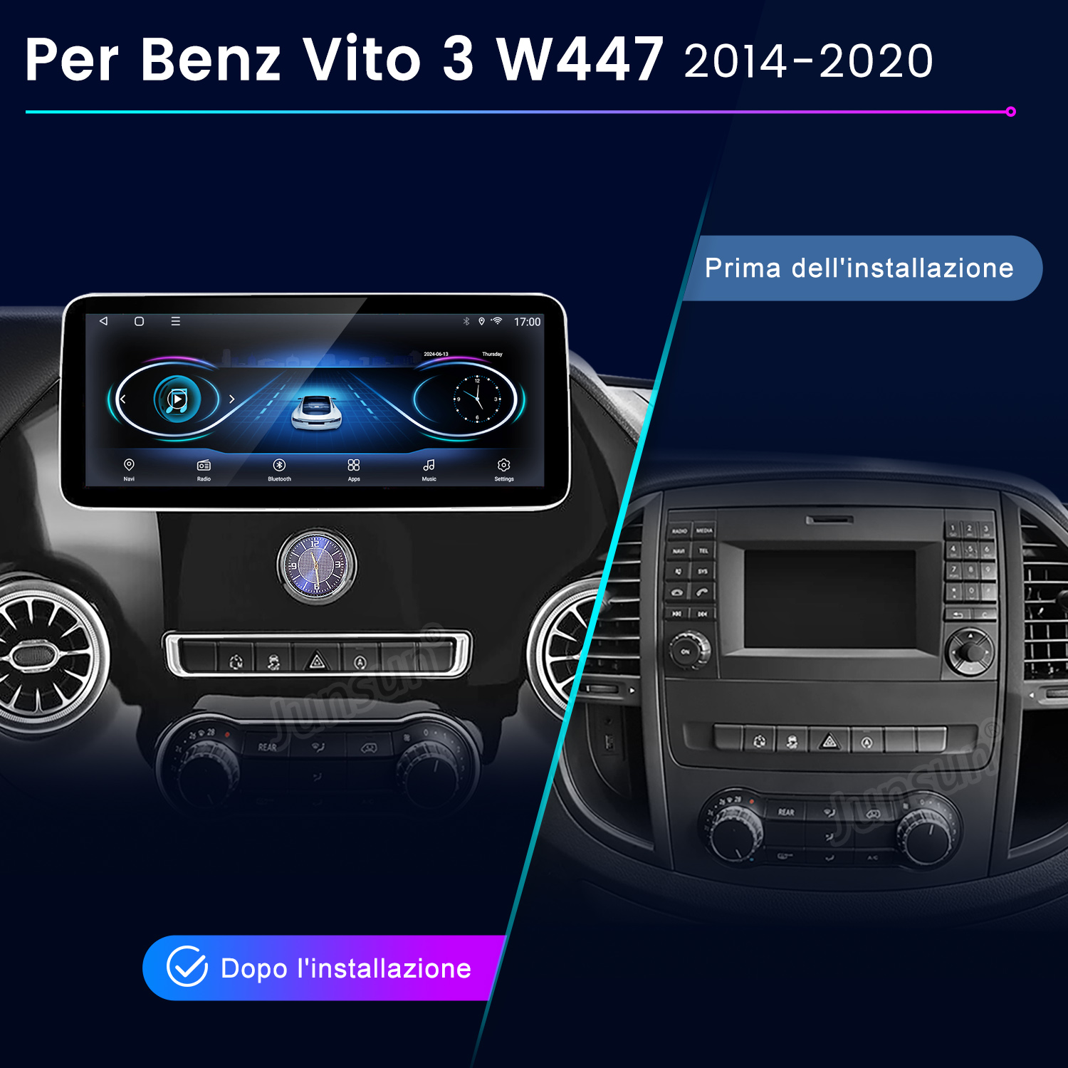 L'immagine mostra il prima e il dopo dell'installazione della radio dell'auto. A sinistra, il nuovo schermo. A destra, il pannello originale.