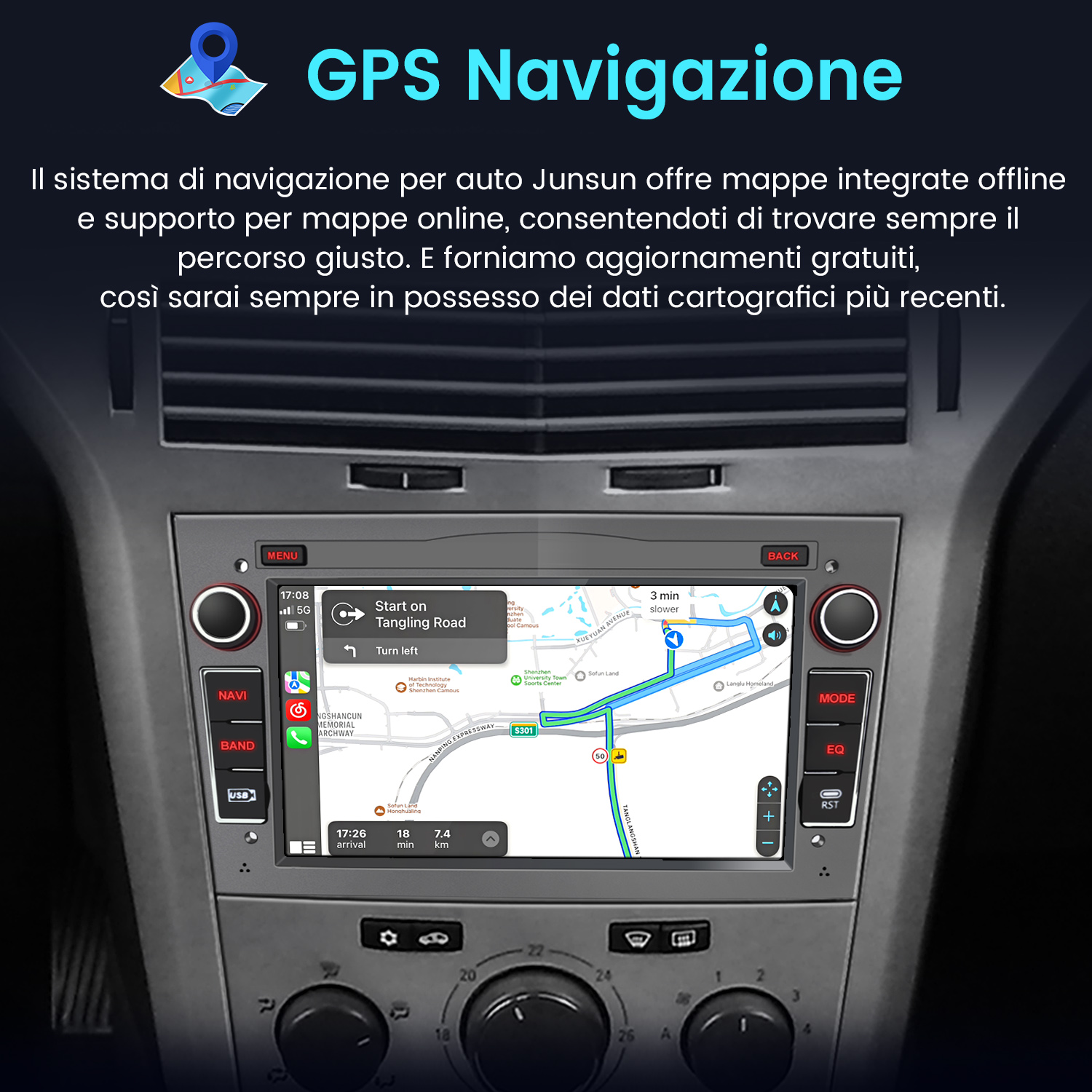 Sistema di navigazione dell'auto che mostra una mappa con guida al percorso. Lo schermo mostra la posizione corrente e le indicazioni.