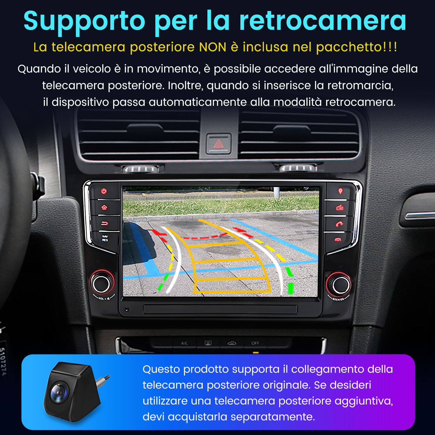 Cruscotto auto con schermo che mostra la vista del parcheggio. Fotocamera nera sotto. Testo in italiano.