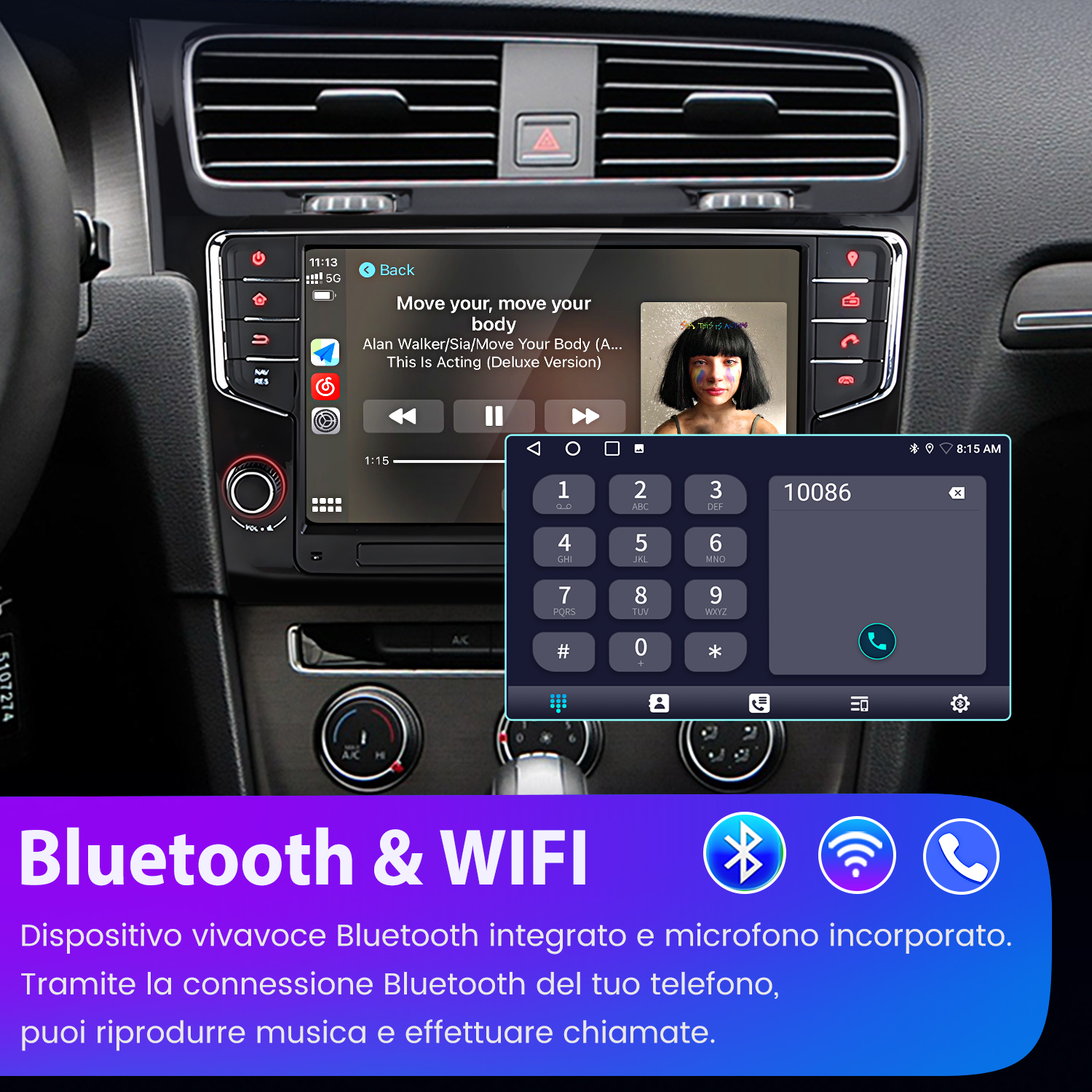 Cruscotto auto con schermo che riproduce musica e tastierino numerico. Loghi Bluetooth e WiFi in basso.